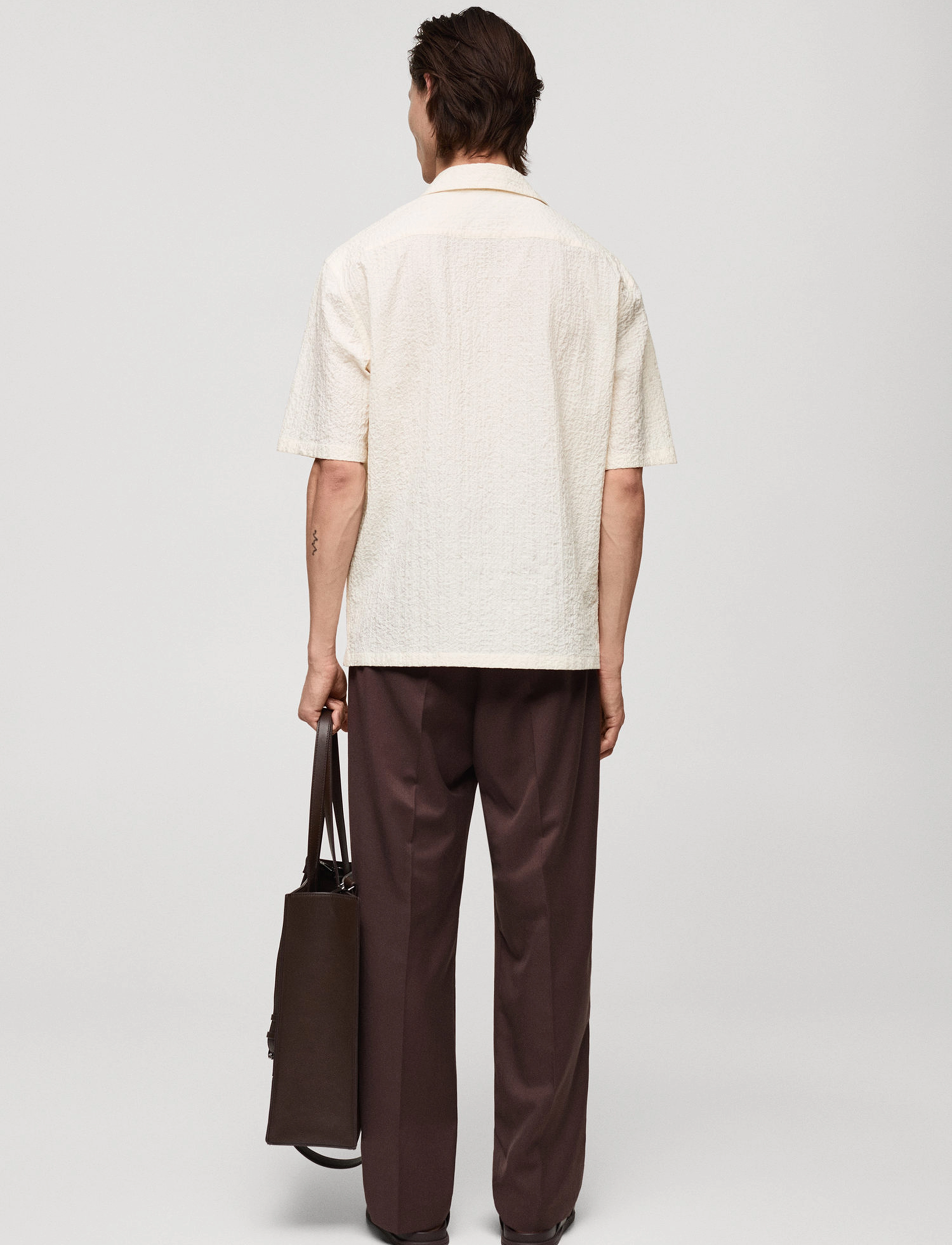 Mango - Seersucker shirt with bowling collar - light beige - 3