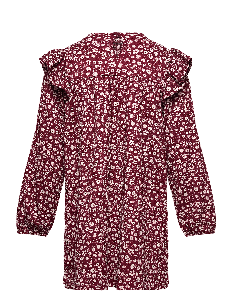 Mango - Ruched floral dress - langärmelige freizeitkleider - dark red - 1