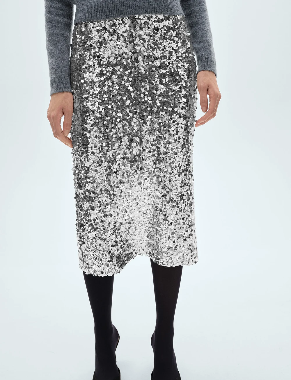 Mango - Sequin midi skirt - paljettkjolar - silver - 0