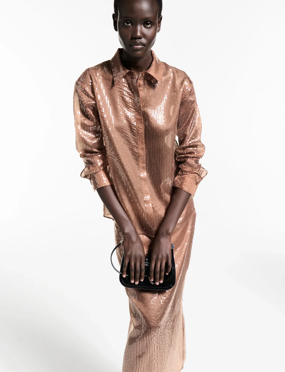 Mango - Semi-transparent sequined shirt - langærmede skjorter - brown - 0