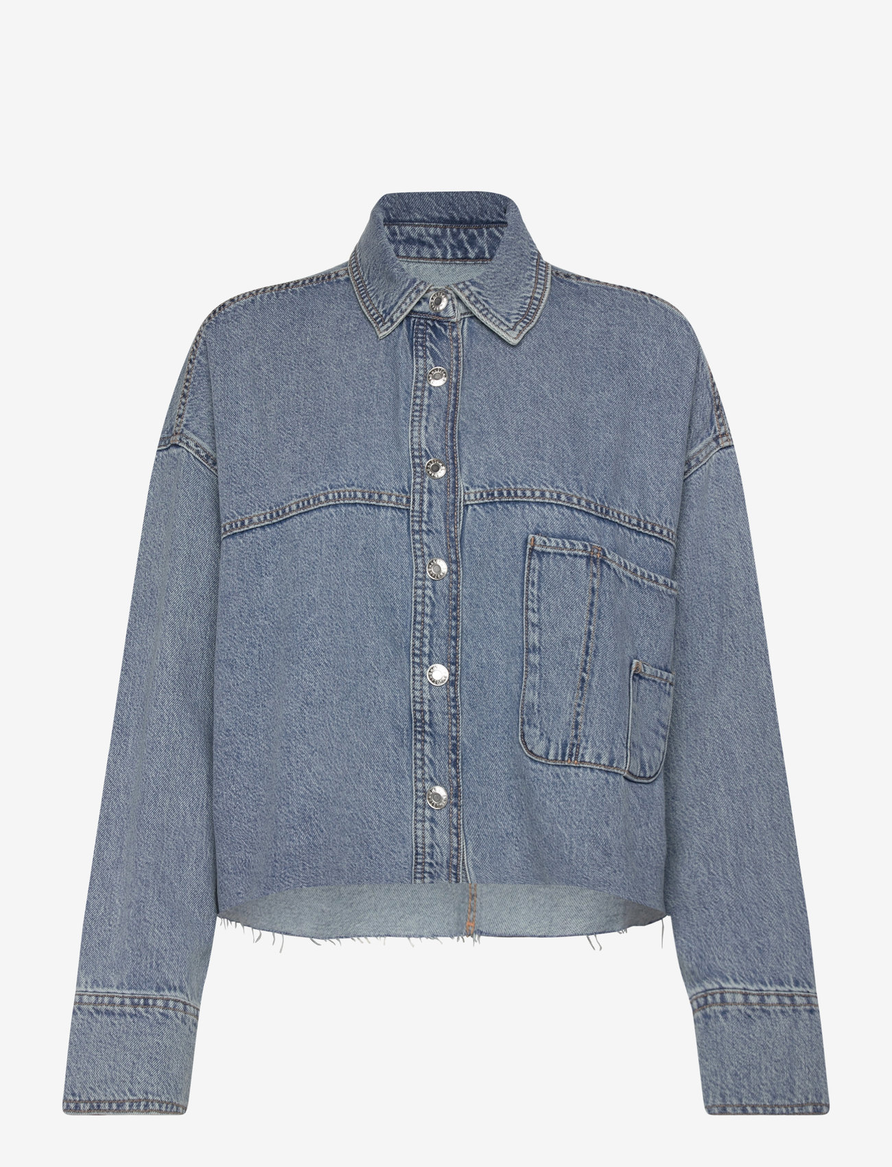 Mango - Denim overshirt with frayed hem - open blue - 0