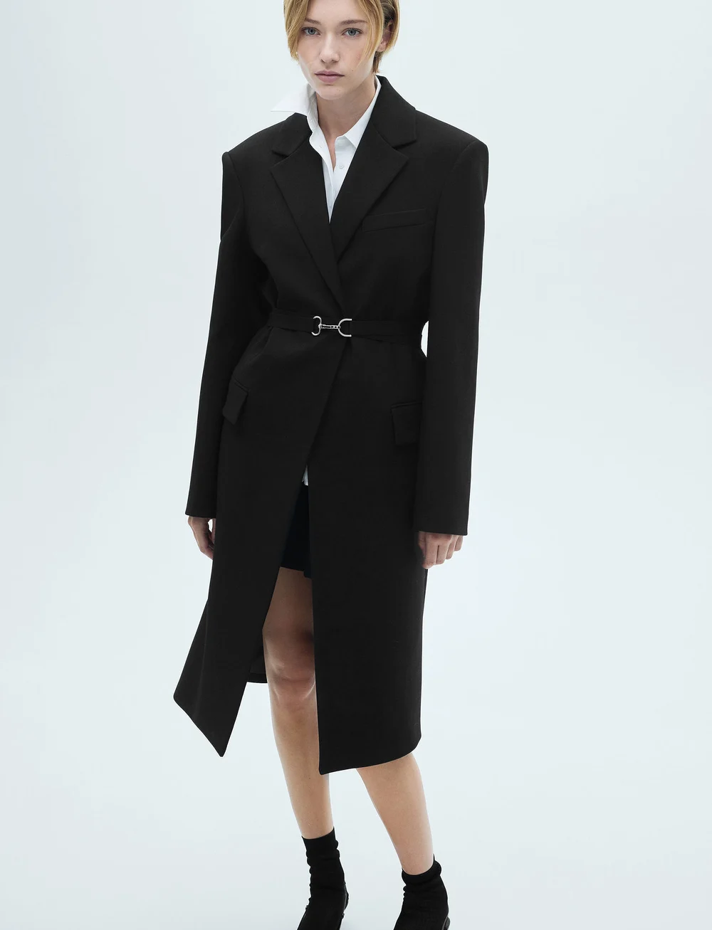 Mango - Structured double fabric coat with belt - uldfrakker - black - 0
