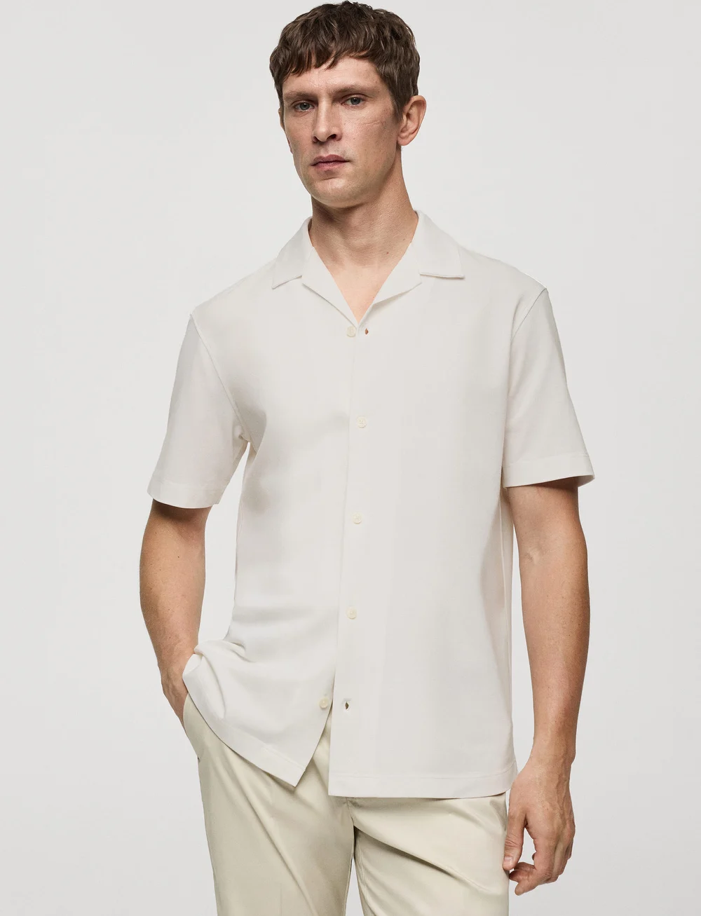 Mango - Bowling collar cotton shirt - kurzarmhemden - light beige - 0