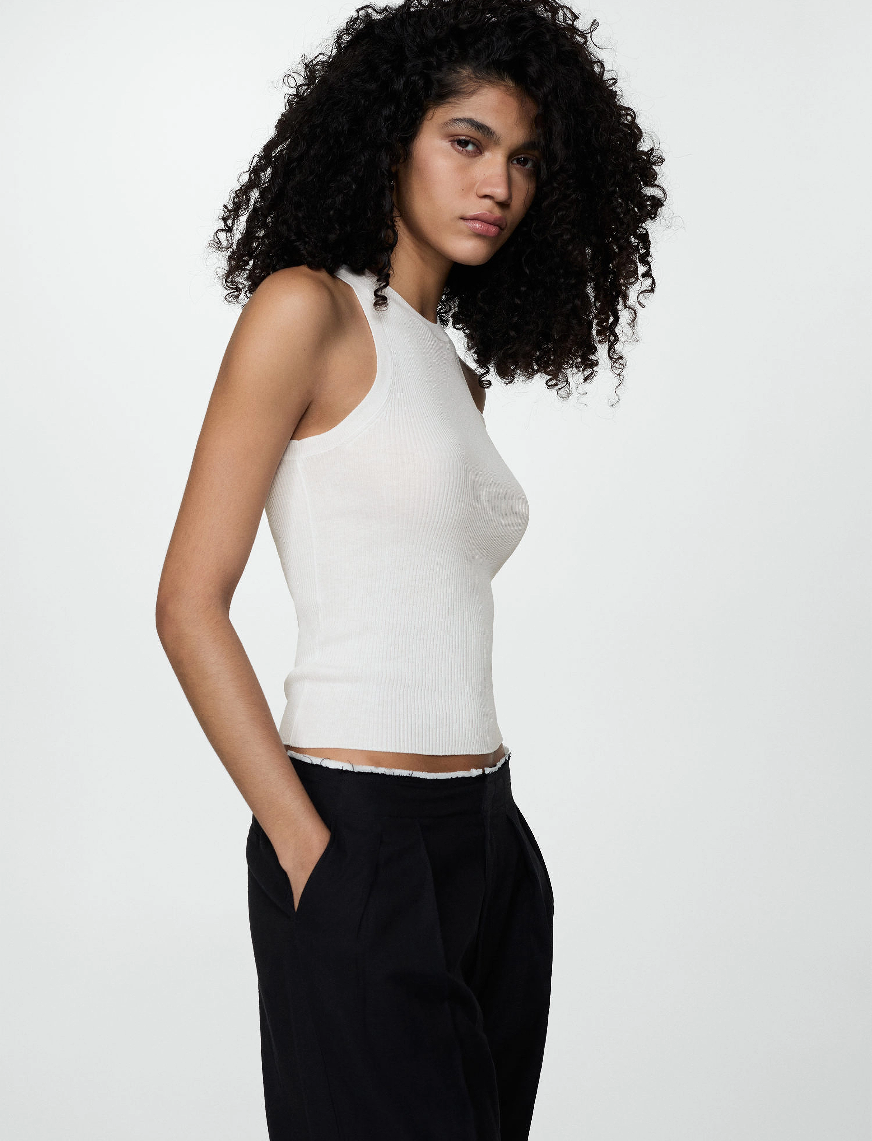 Mango Ribbed knit top - Tanktops - LIGHT BEIGE / white