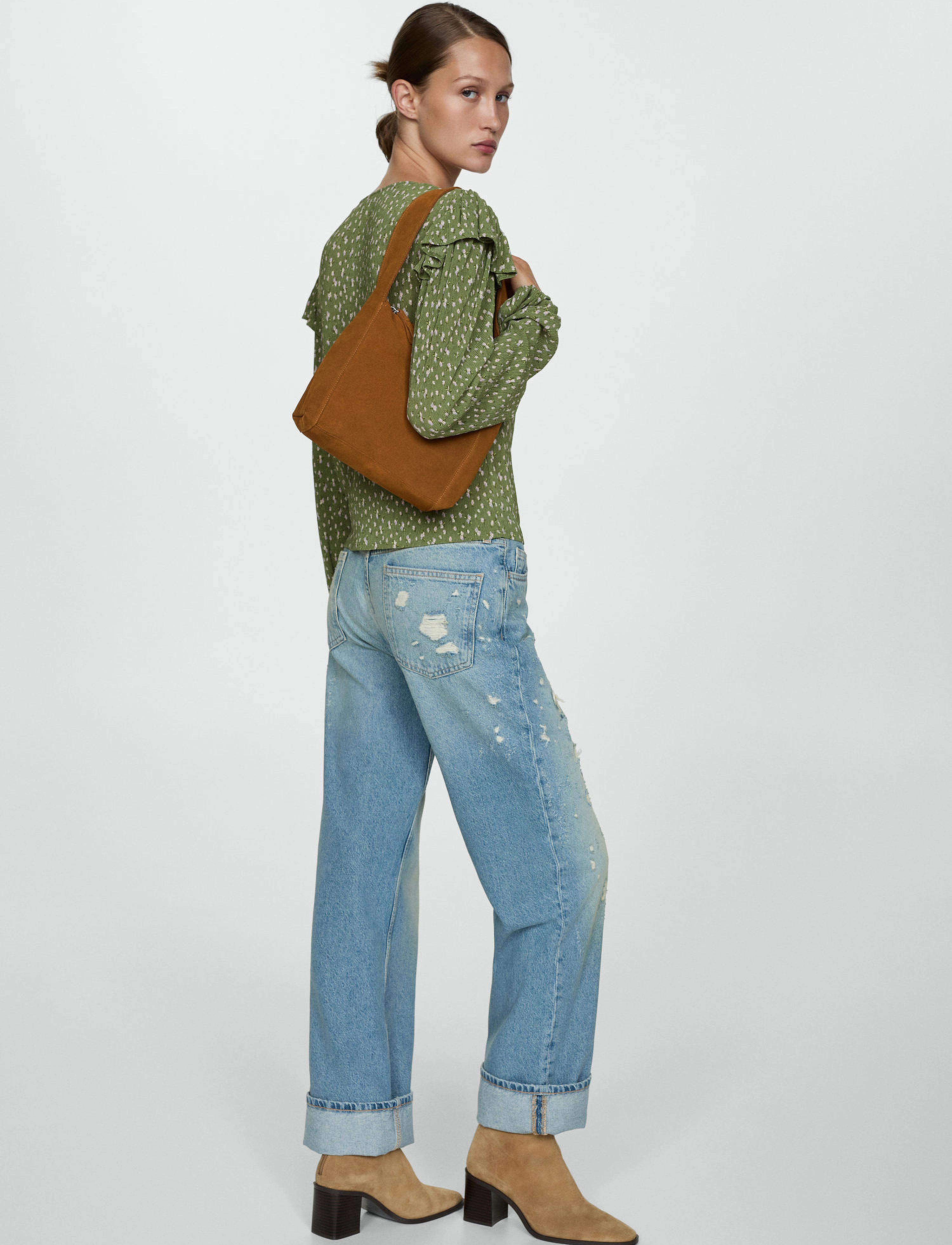 Mango - Ruffles printed blouse - langärmlige blusen - green - 3