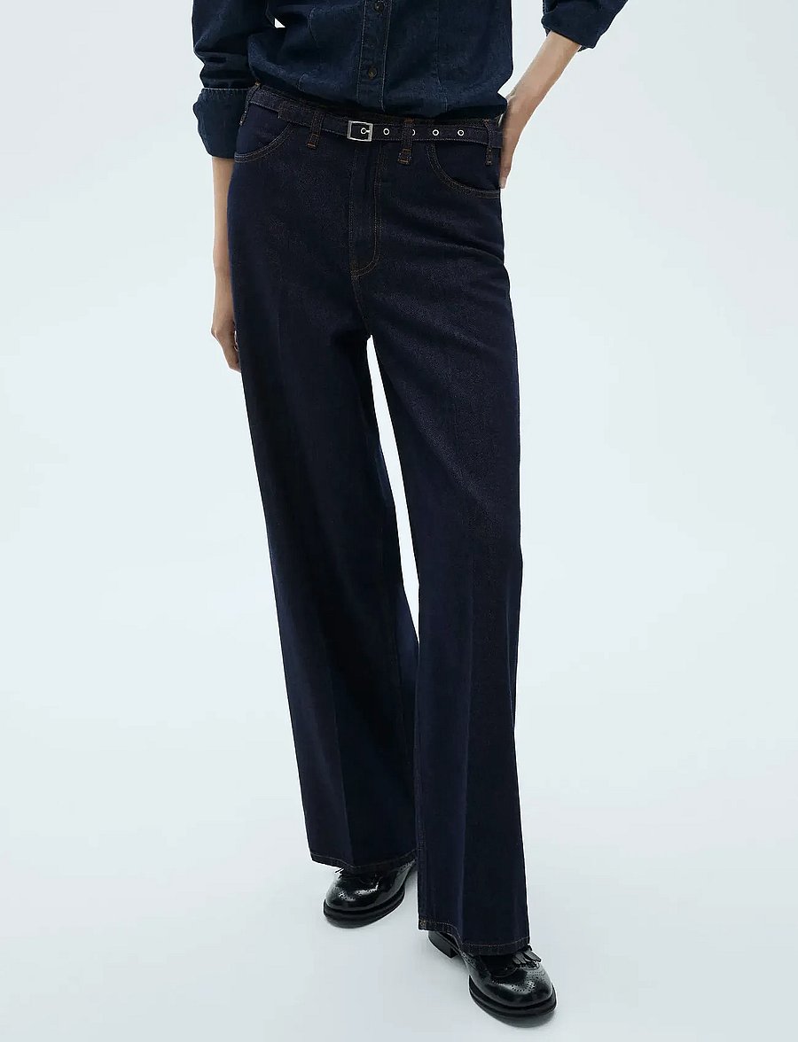 Mango - Rinse-wash wide leg jeans with belt - brede jeans - open blue - 0