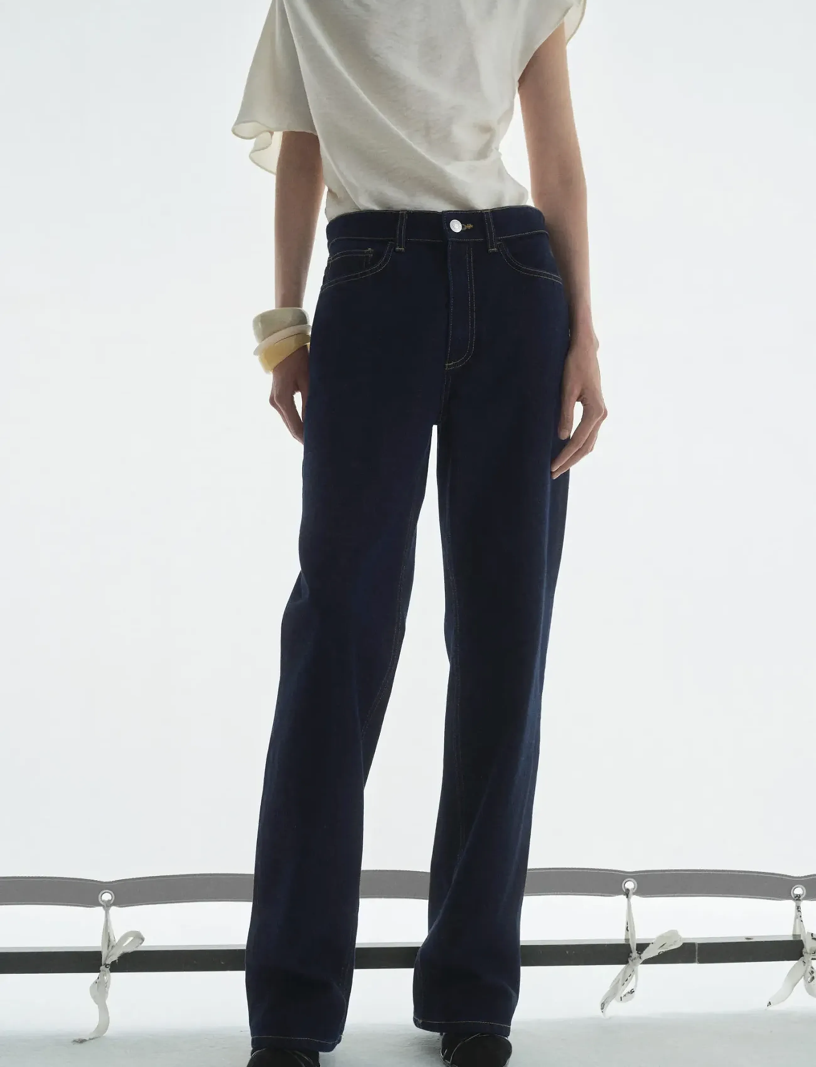 Mango High-Waisted Straight-Fit Rinse-Wash Jeans, 32, Navy, Jeans > Lige-Almindelige, Dame