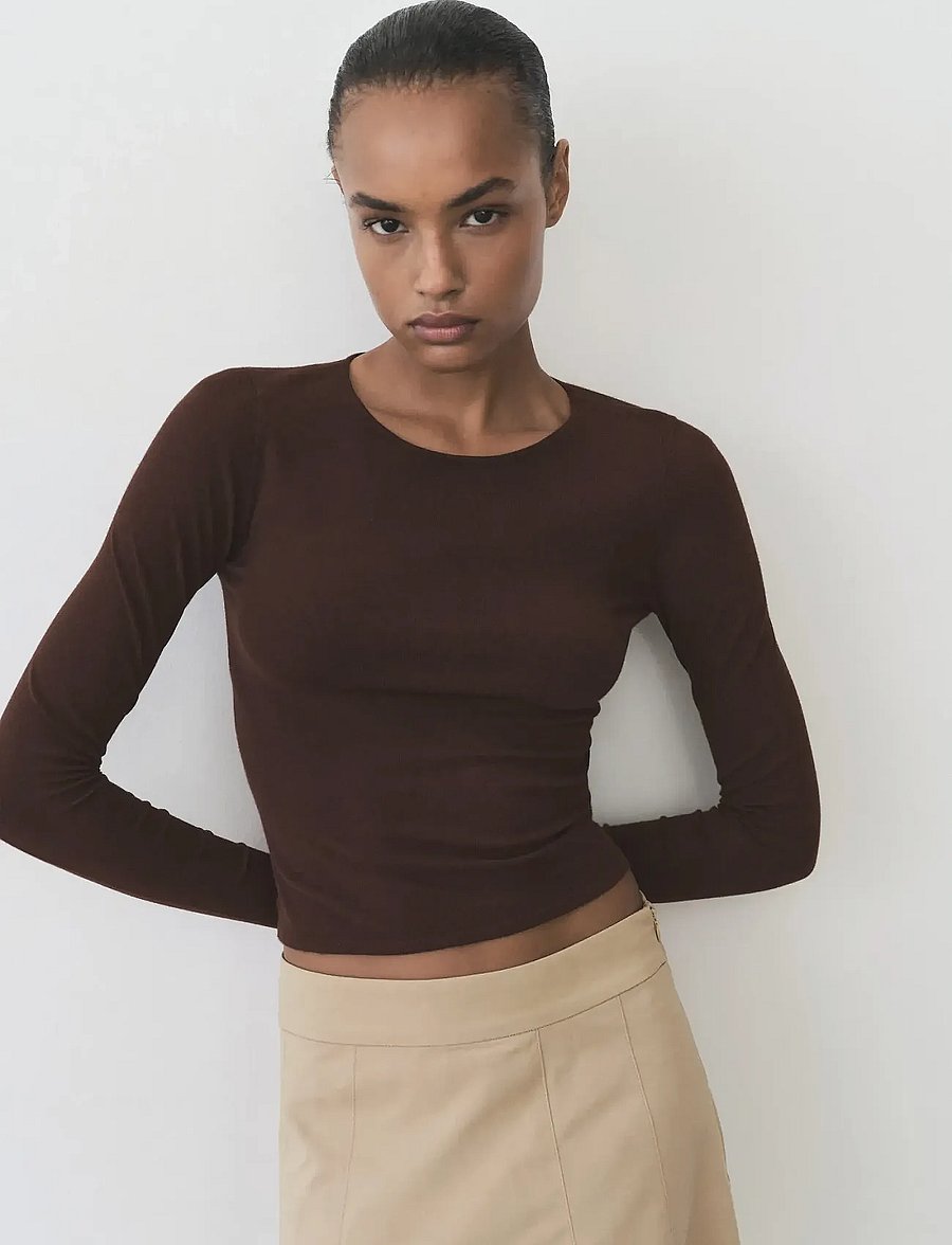 Mango - Fine-knit fitted sweater - stickade tröjor - dark brown - 0