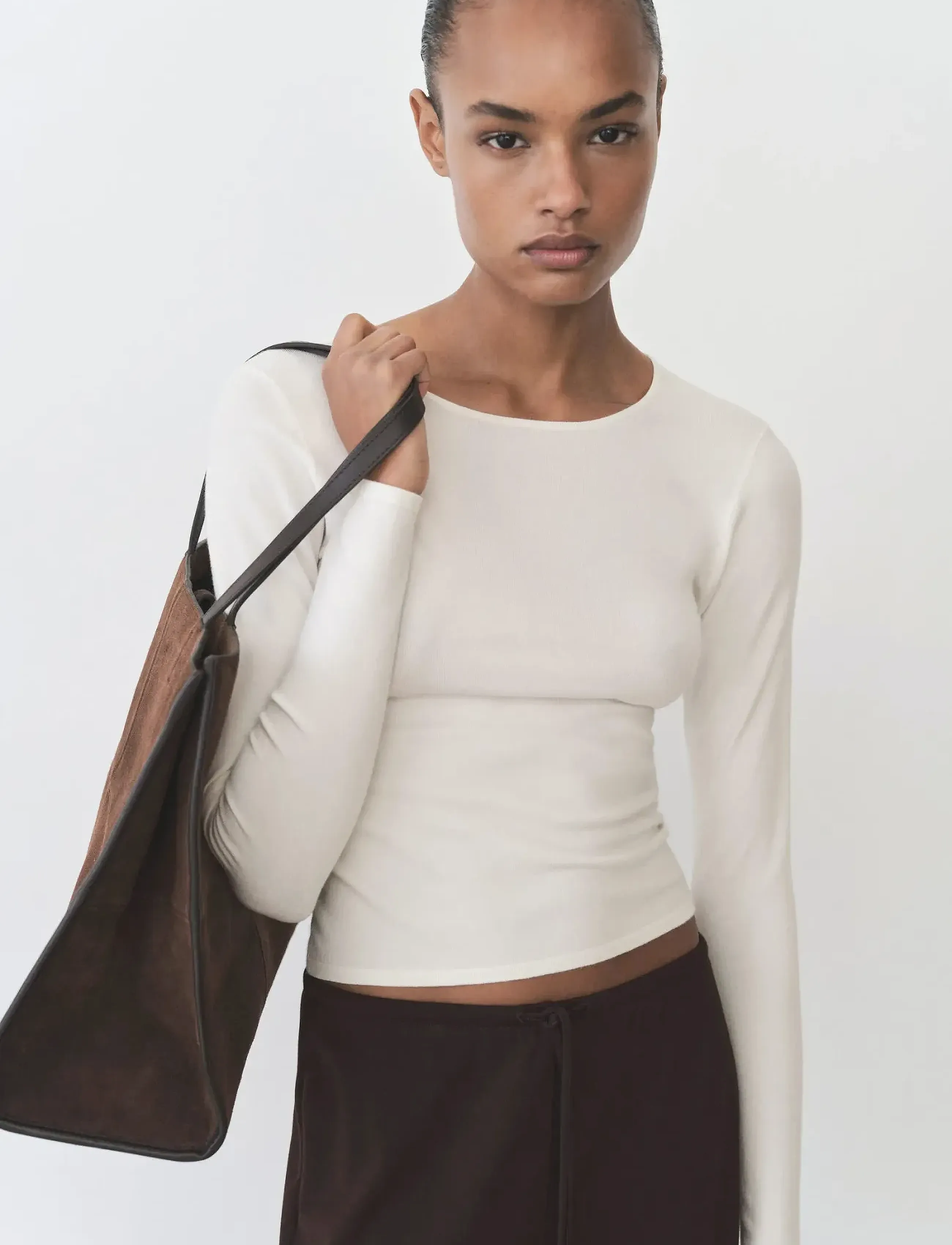 Mango Fine-knit fitted sweater - Stickat - LIGHT BEIGE / white