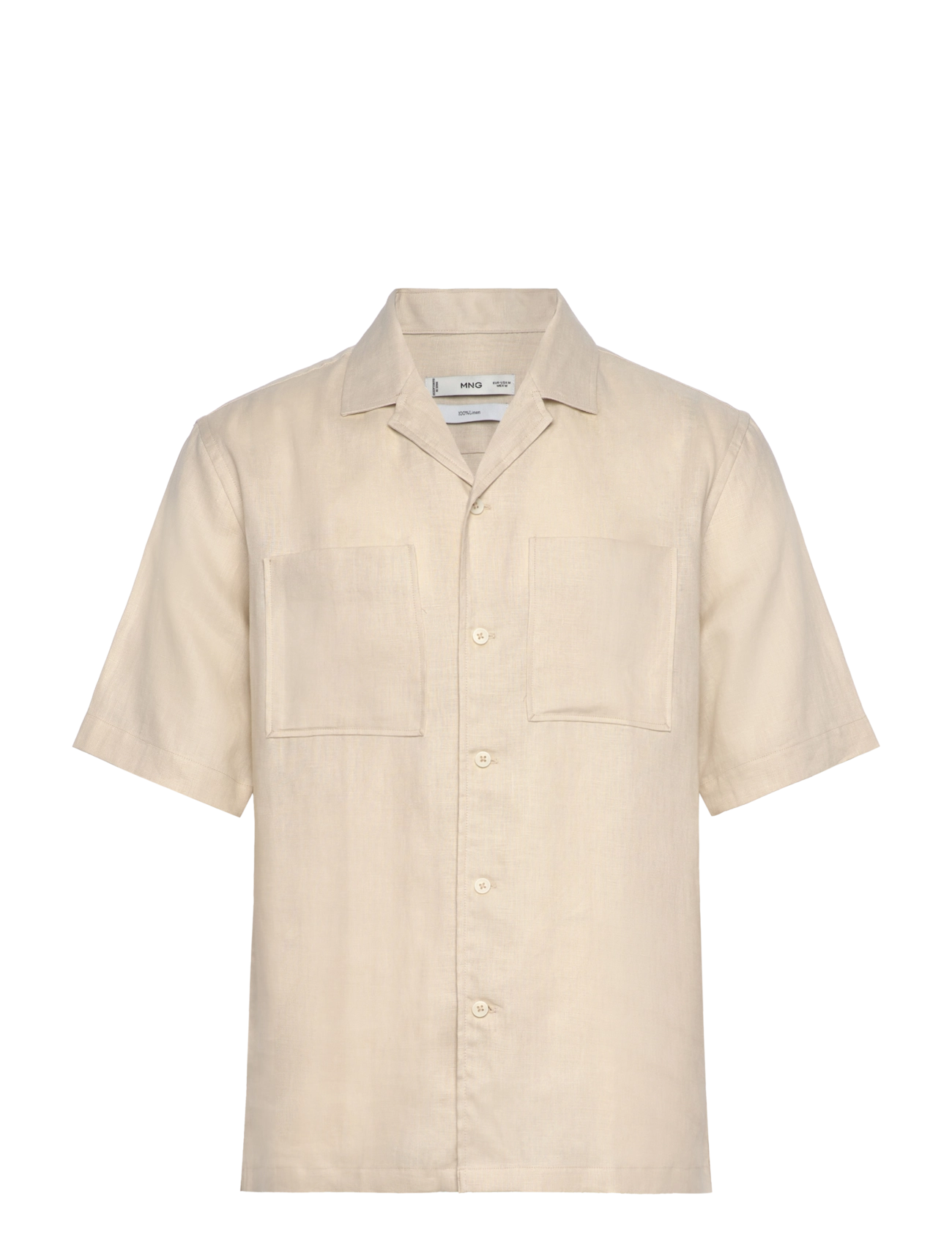 Mango 100% Linen Bowling-Collar Shirt, M, Beige, Skjorter > Kortærmede Shirts, Herre
