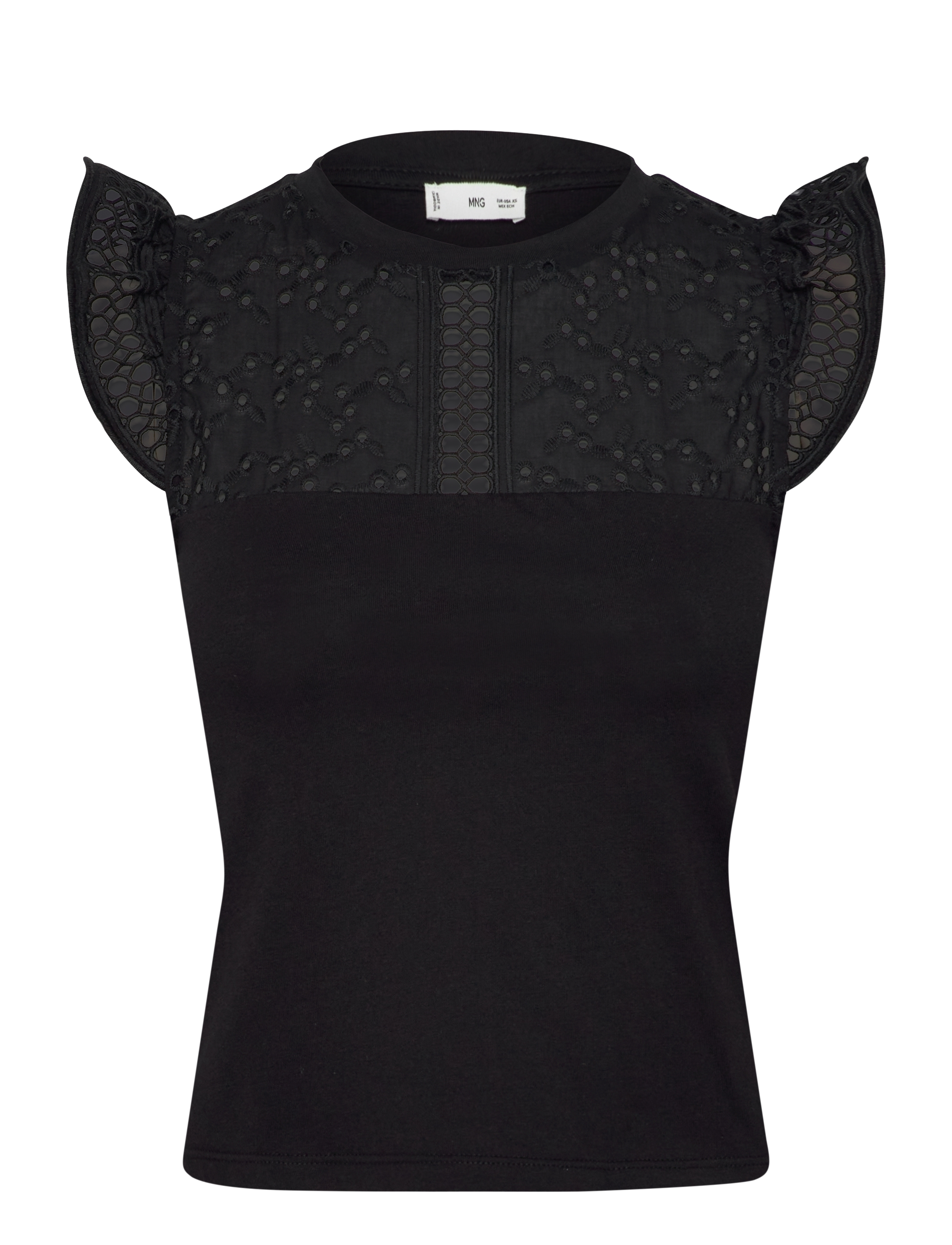 Openwork neckline cotton top - BLACK