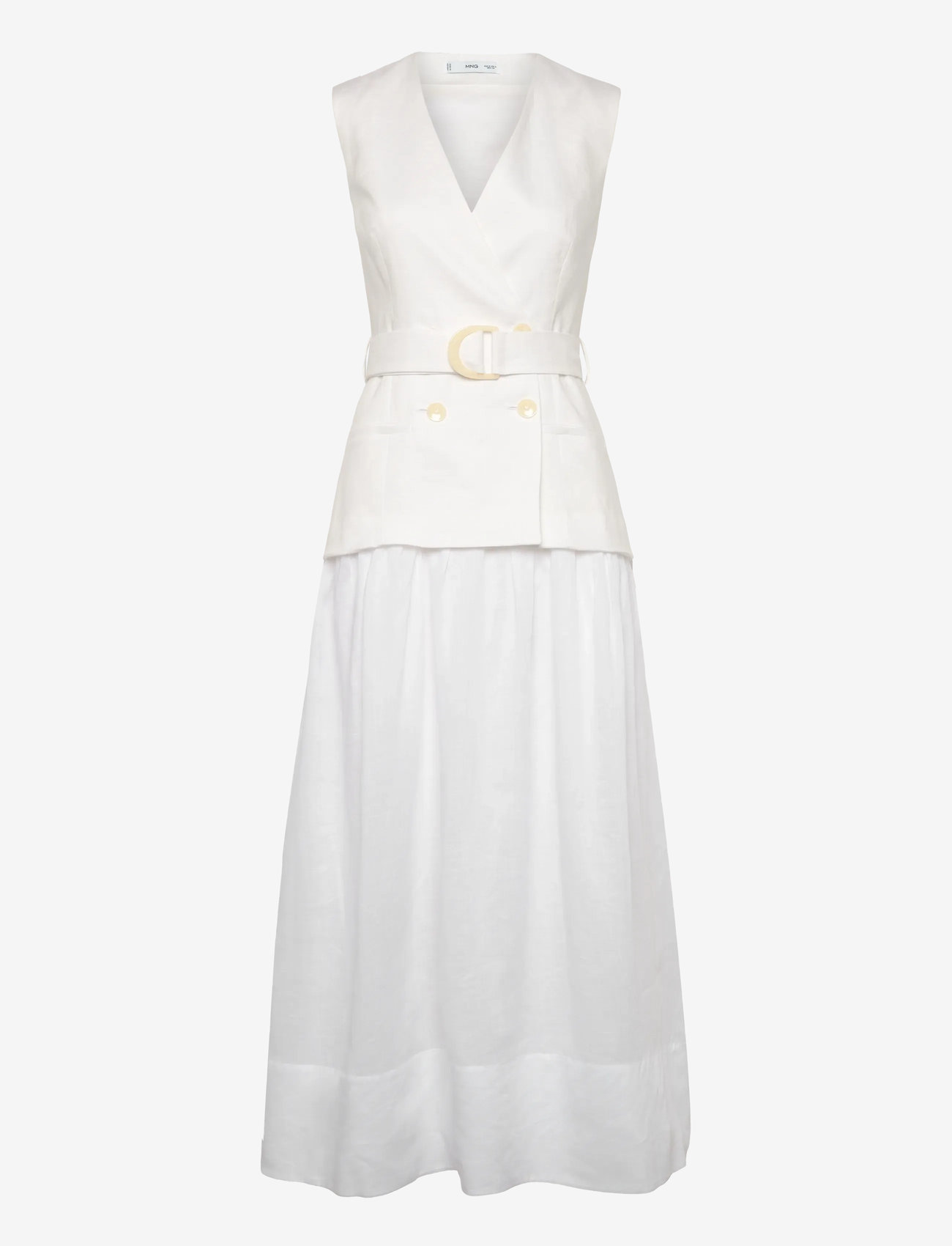 Mango - Linen and ramie dress with belt - maksimekot - white - 0