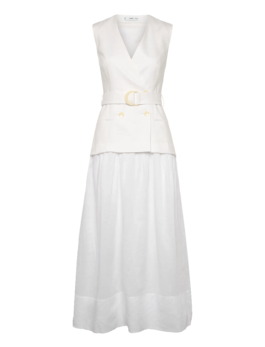 Mango - Linen and ramie dress with belt - white - 0