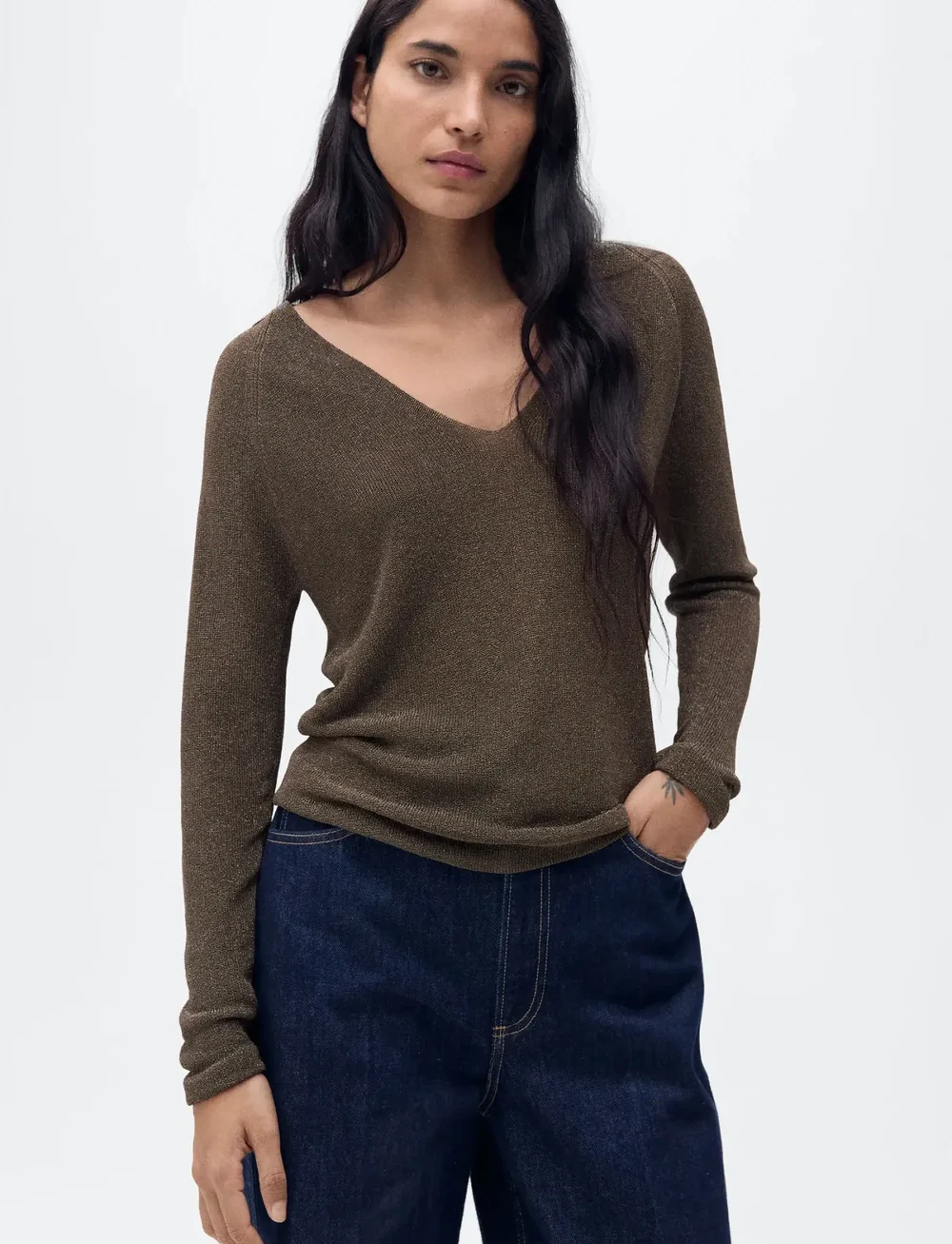 Mango - V-neck lurex sweater - långärmade toppar - dark brown - 0