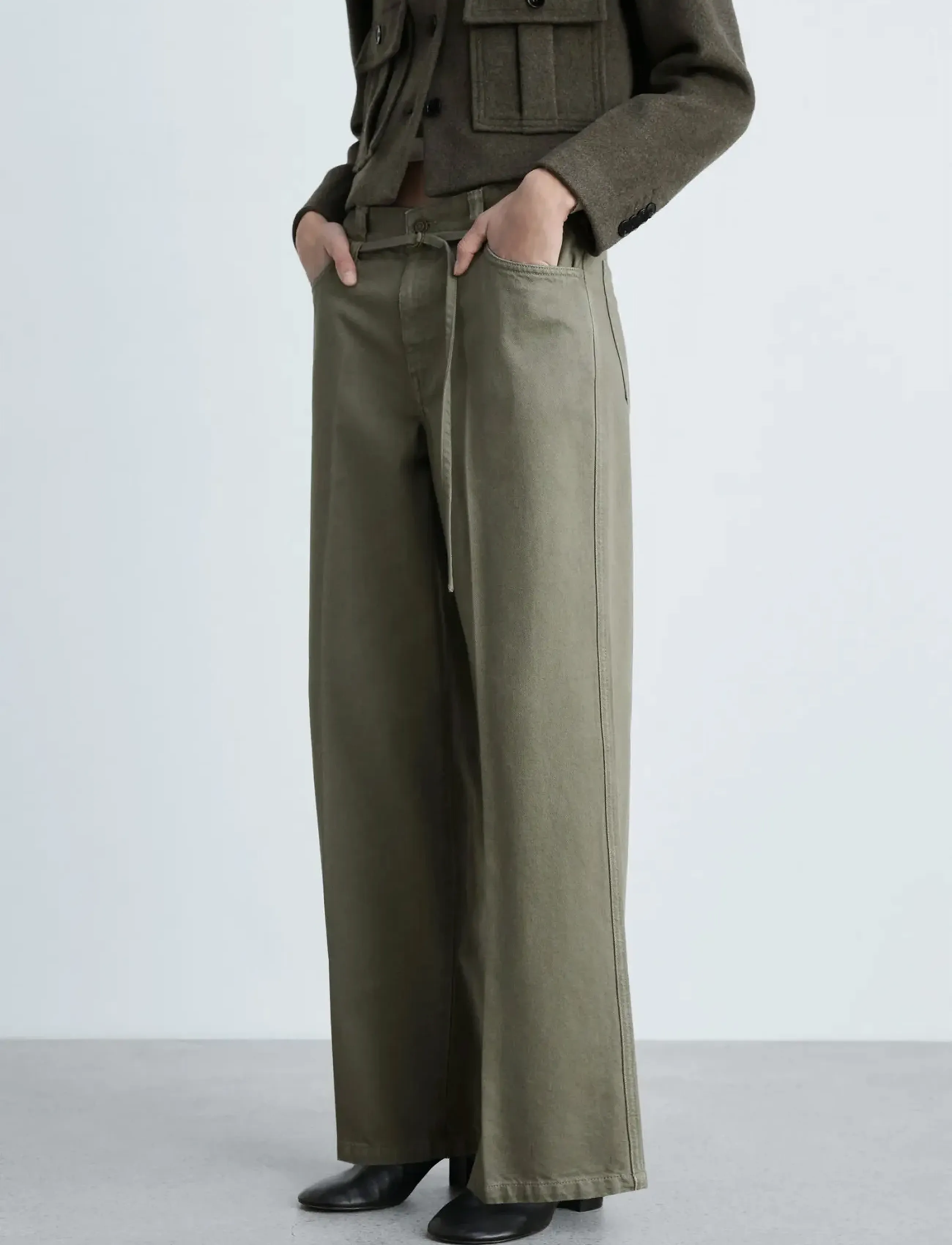 Mango Wide Leg Jeans With Belt Detail, 36, Jeans, Khakigrün - Wide, Frauen