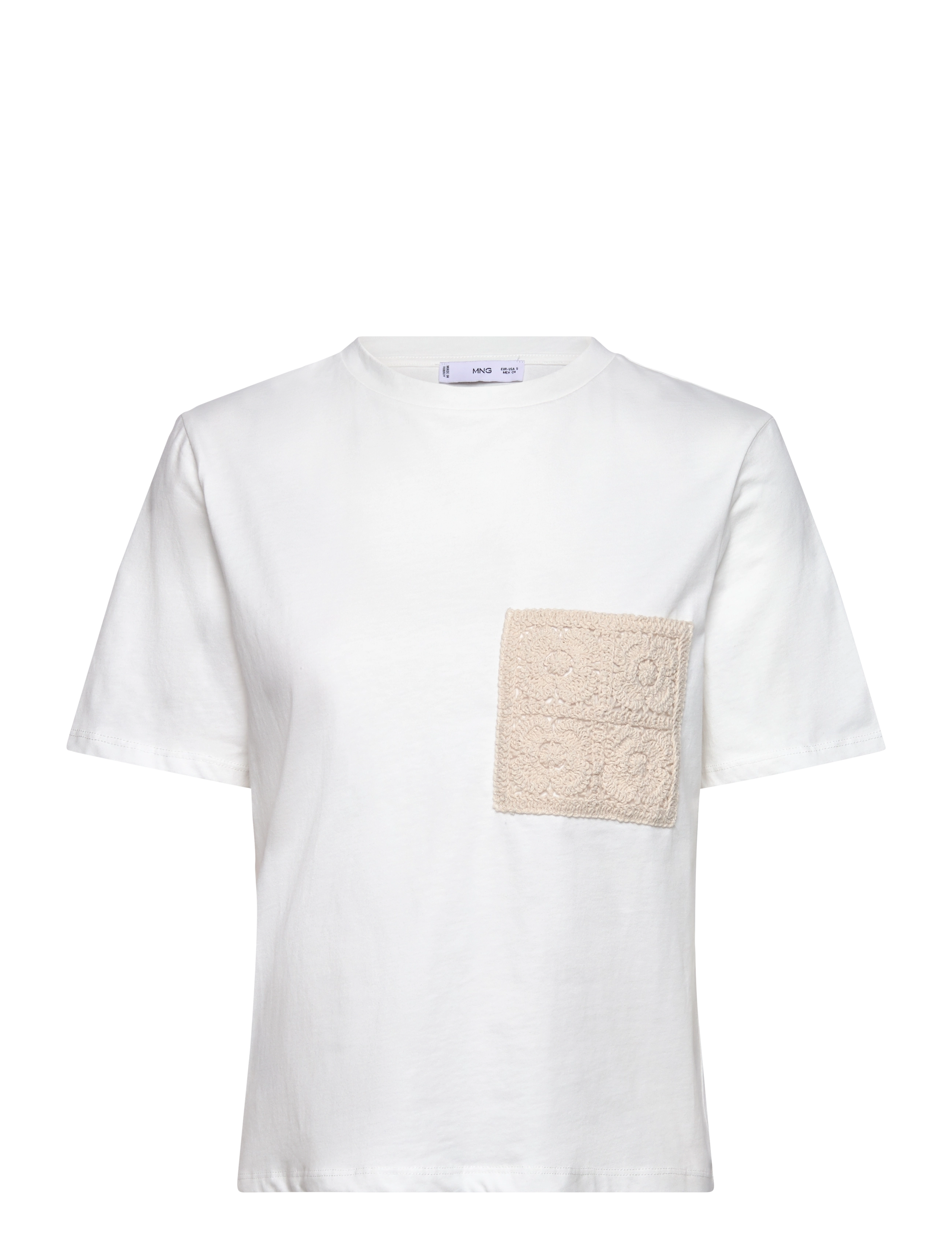 Short-sleeved t-shirt with crochet pocket - WHITE