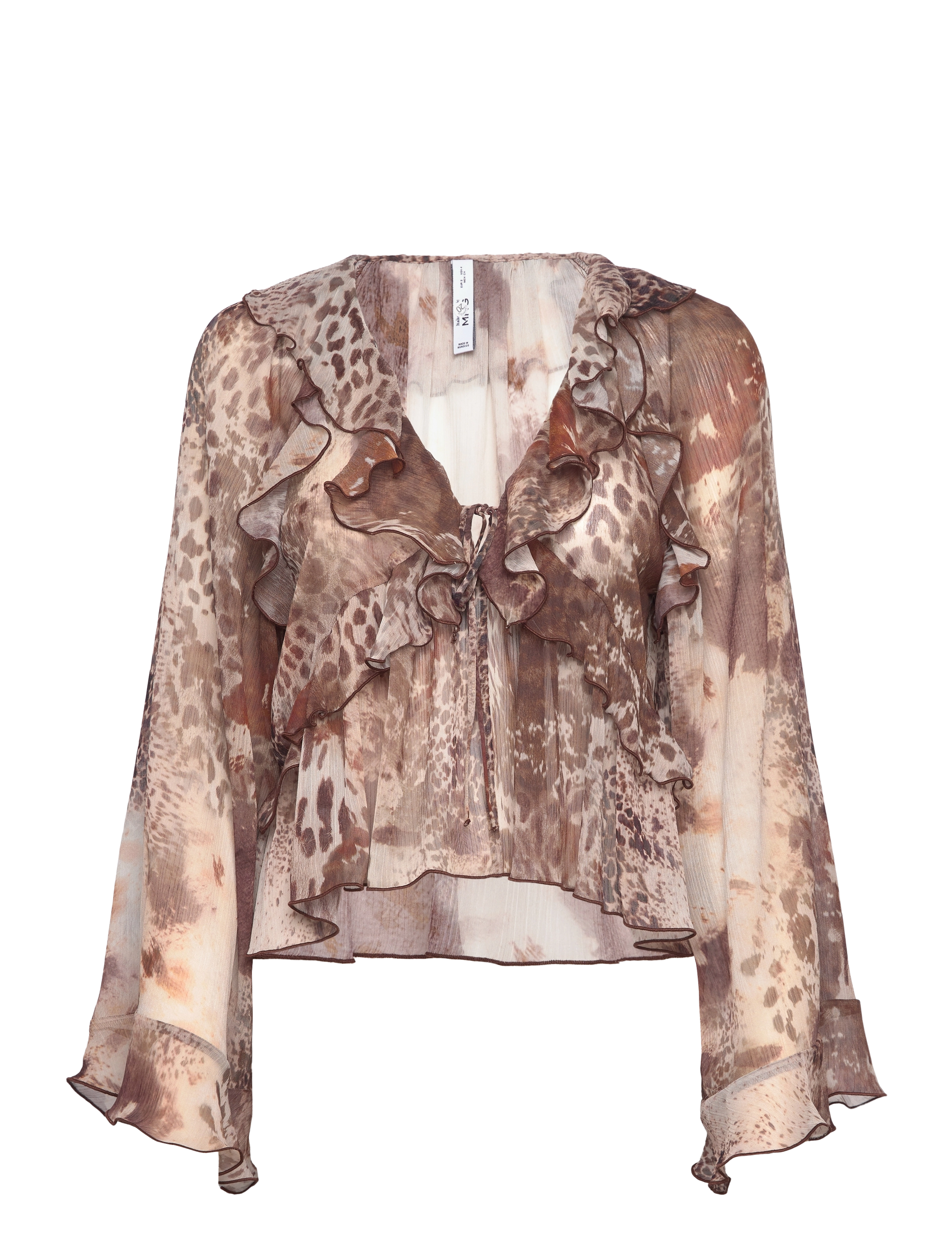 Printed blouse with ruffles and bow detail - BROWN