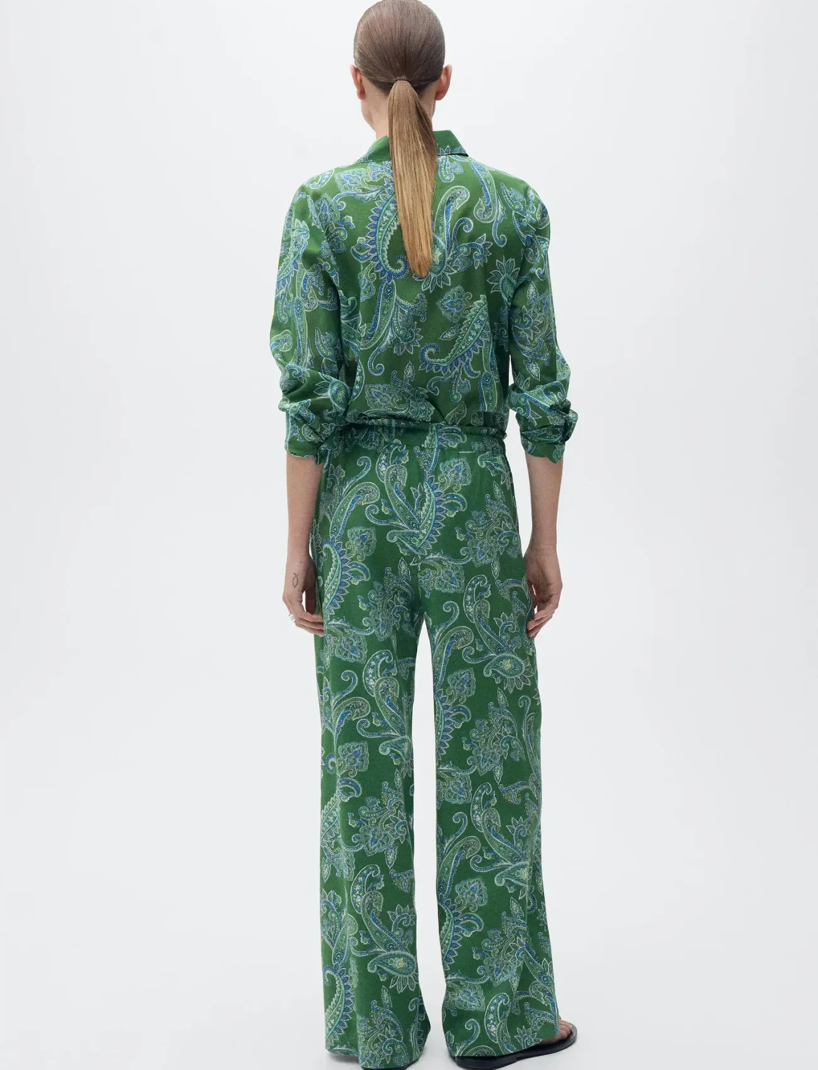 Mango - Paisley-print linen trousers - green - 3