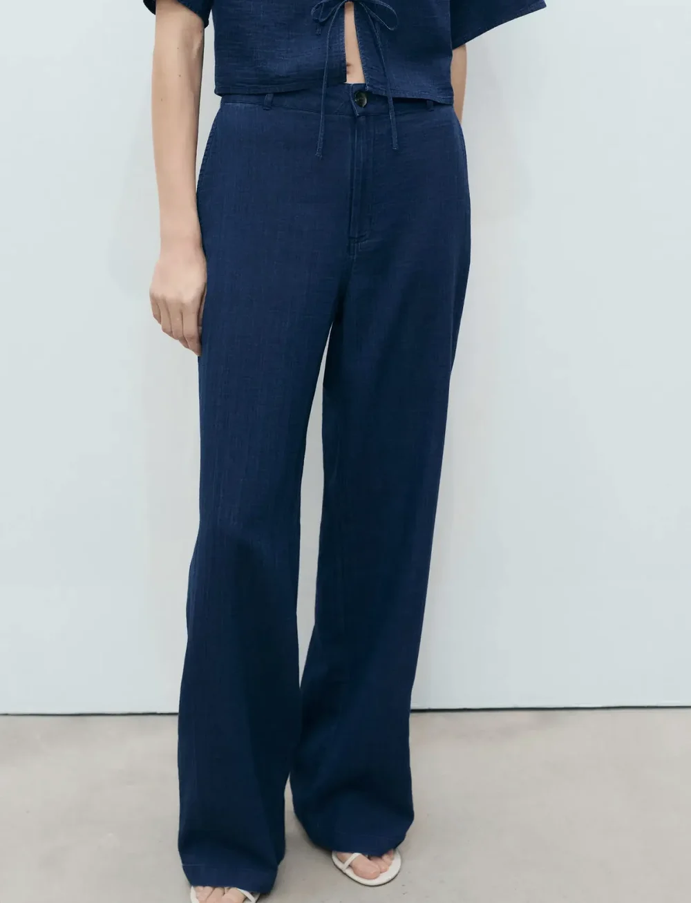 Mango - High-waisted denim flowy trousers - bukser med brede ben - dark blue - 0