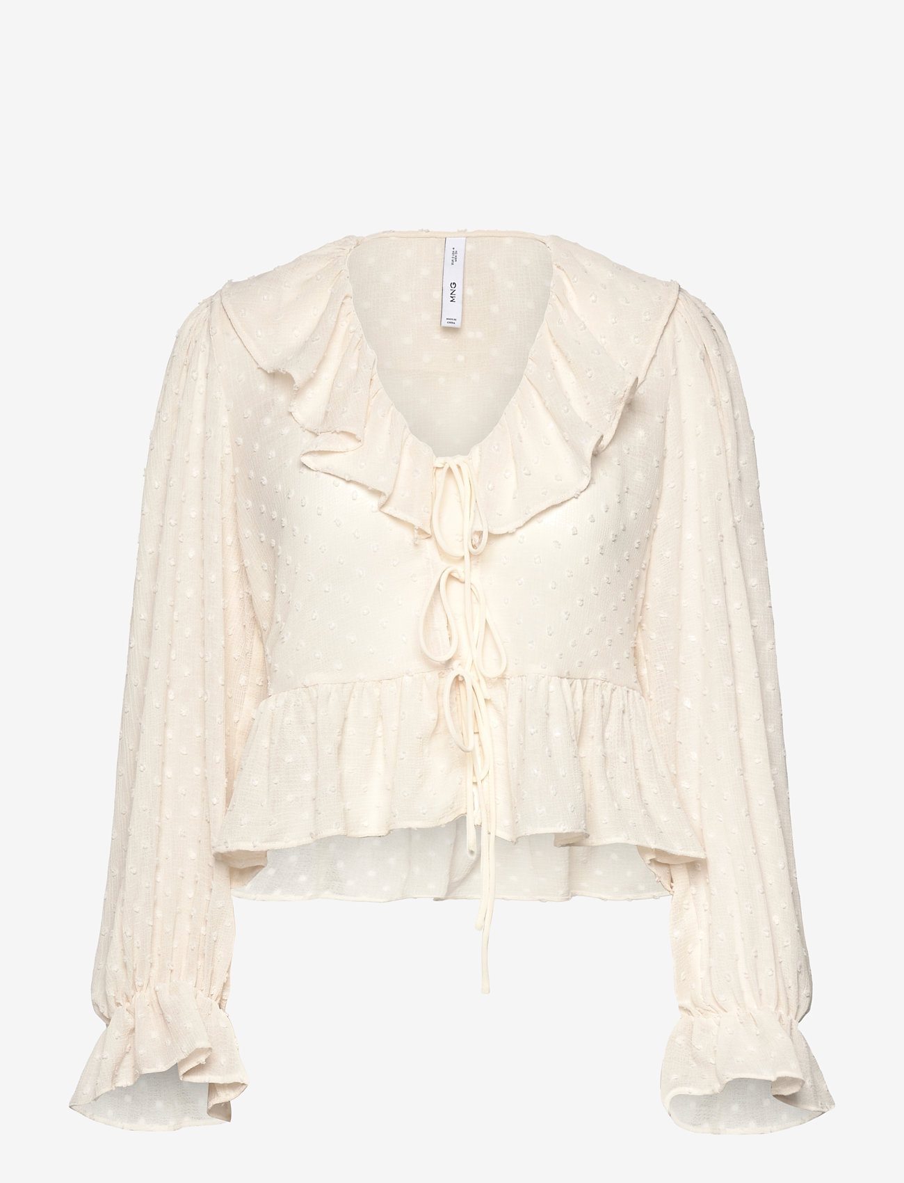 Mango - Ruffled blouse with bow closure - light beige - 1