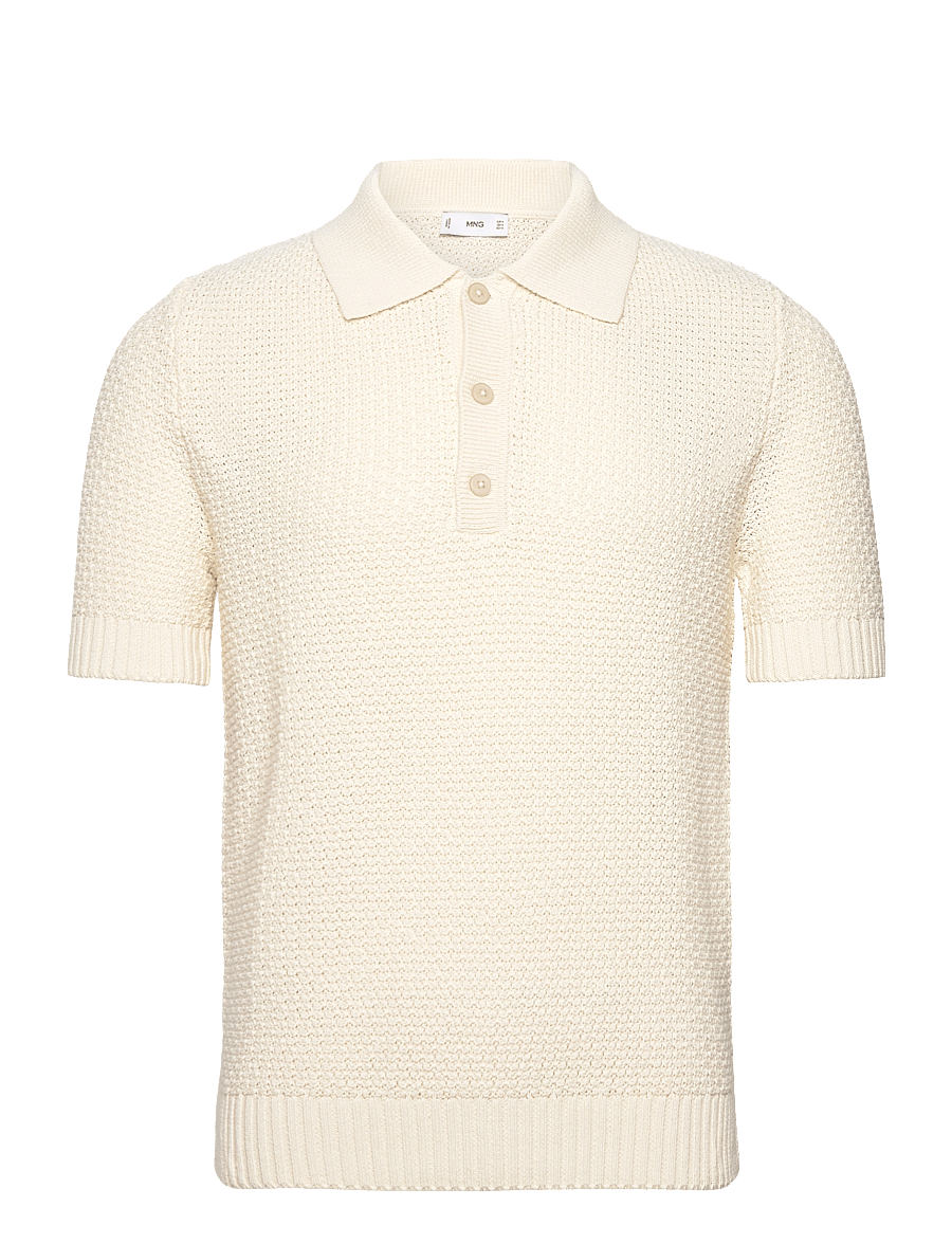 Mango - Openwork cotton knitte polo shirt - kurzärmelig - light beige - 0