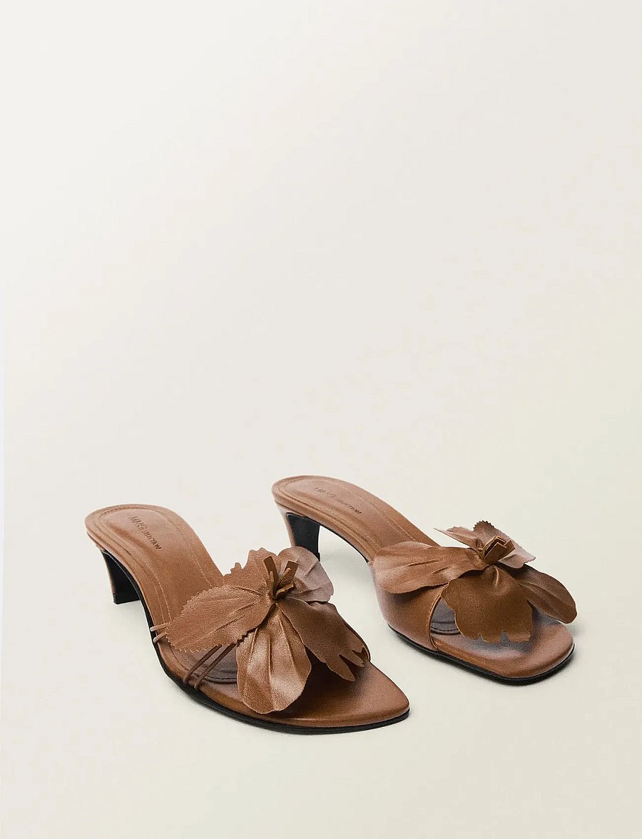 Mango - Leather heeled sandals with flower detail - medium brown - 0