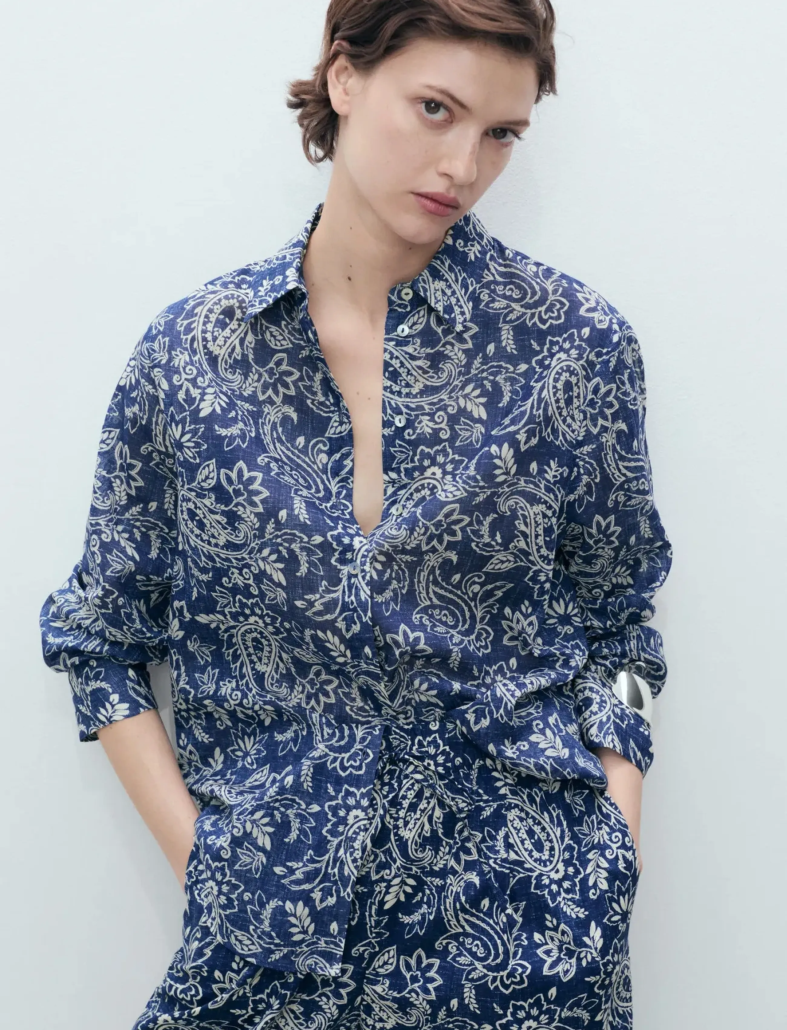 Mango Printed Cotton Shirt, Kvinder, Langærmet Printet Skjorte, Sort, Str: S