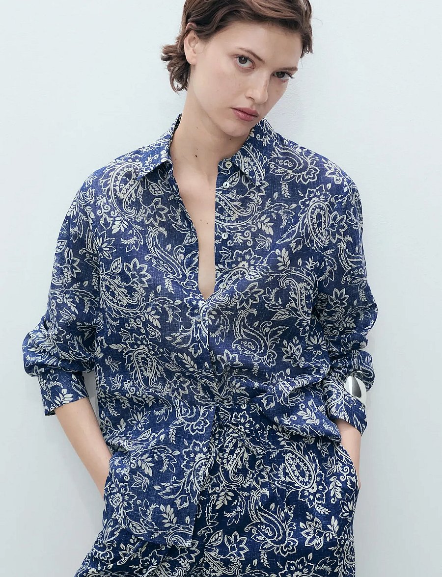 Mango - Printed cotton shirt - langærmede skjorter - medium blue - 0