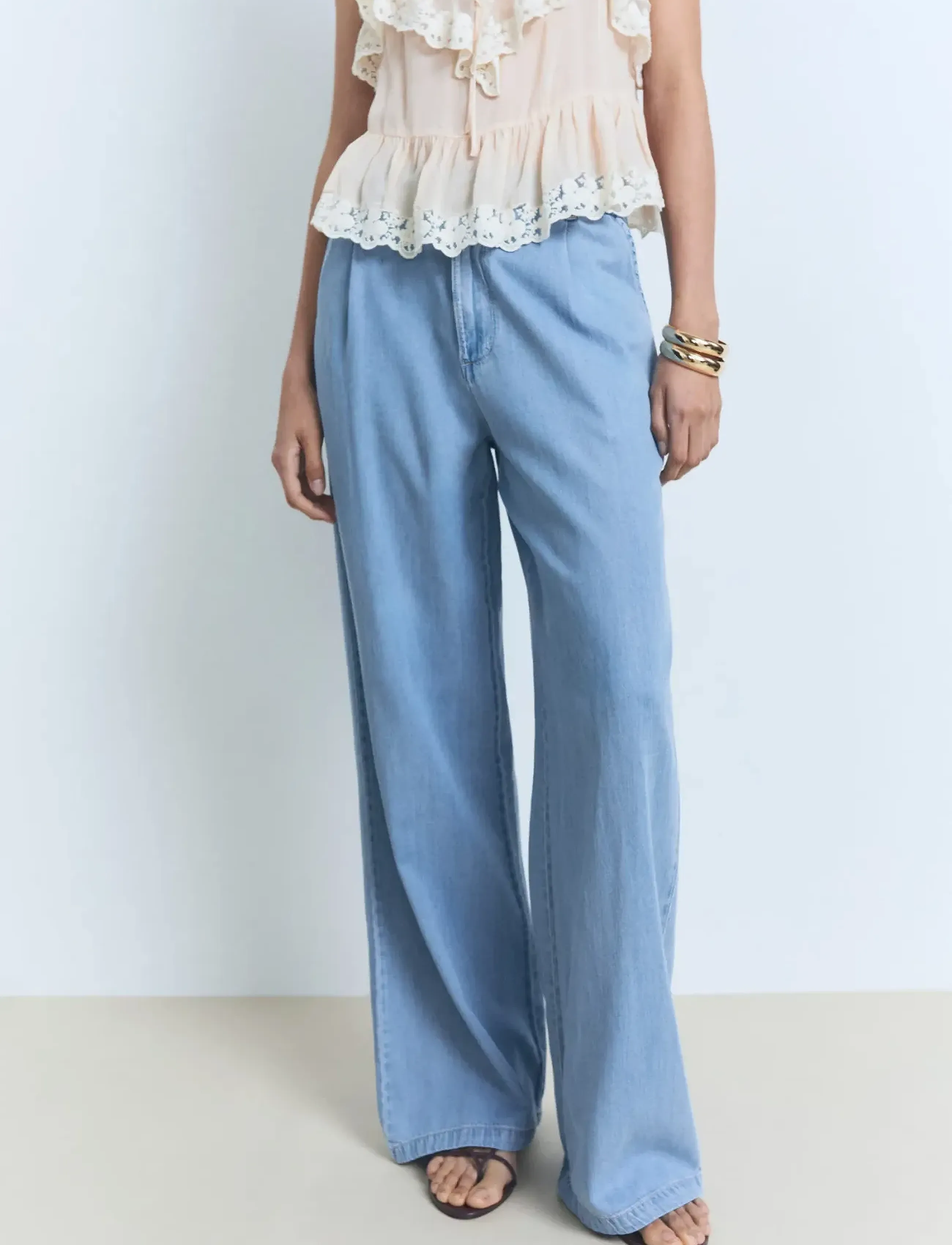 Mango Wide Leg Lyocell Pants With Pleats, 36, Trousers, Blau - Leg, Frauen