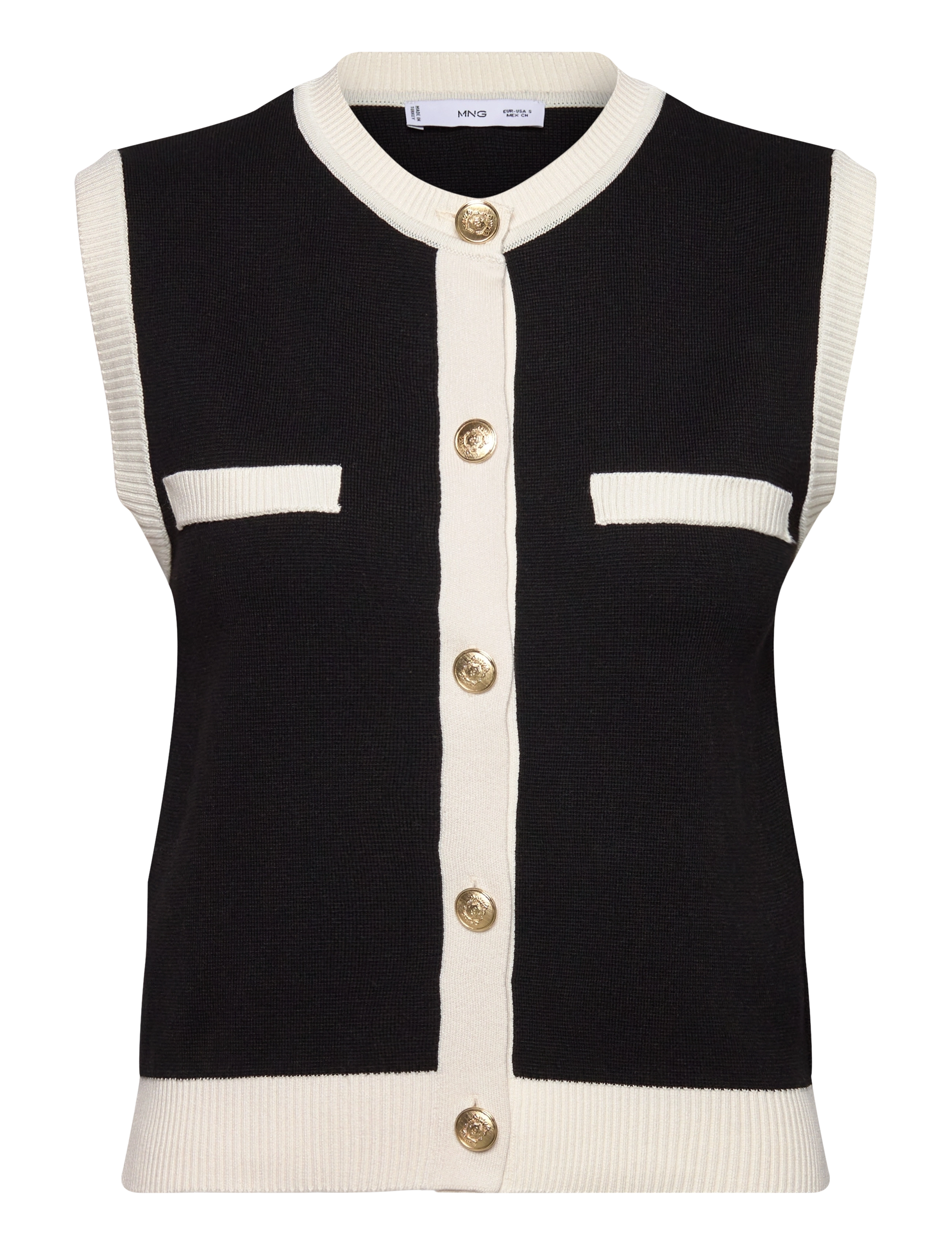 Mango Knitted waistcoat with contrast piping - Tøj - BLACK / black