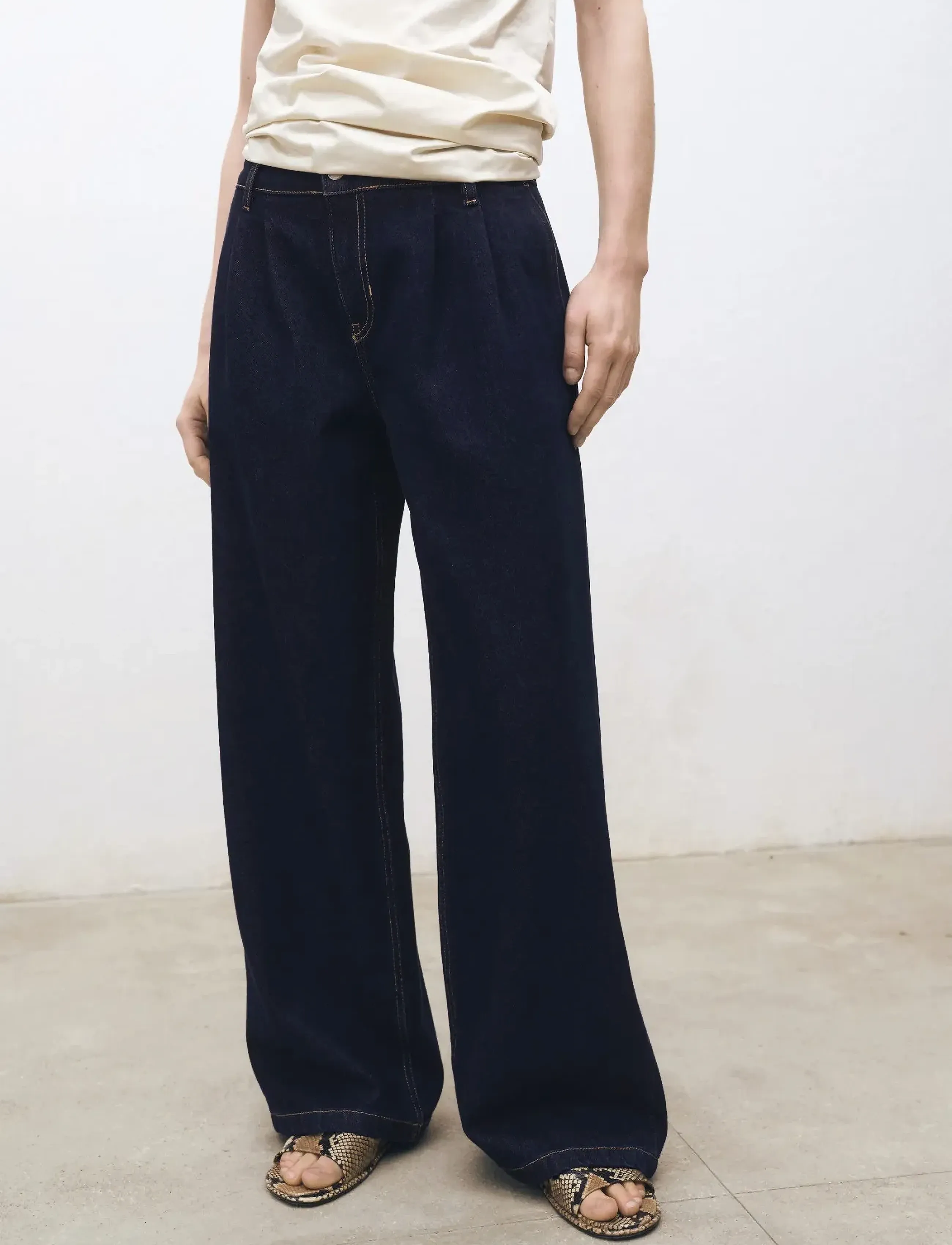 Mango Rinse-Wash Wide Leg Jeans With Pleats, 34, Jeans, Blau - Wide, Frauen