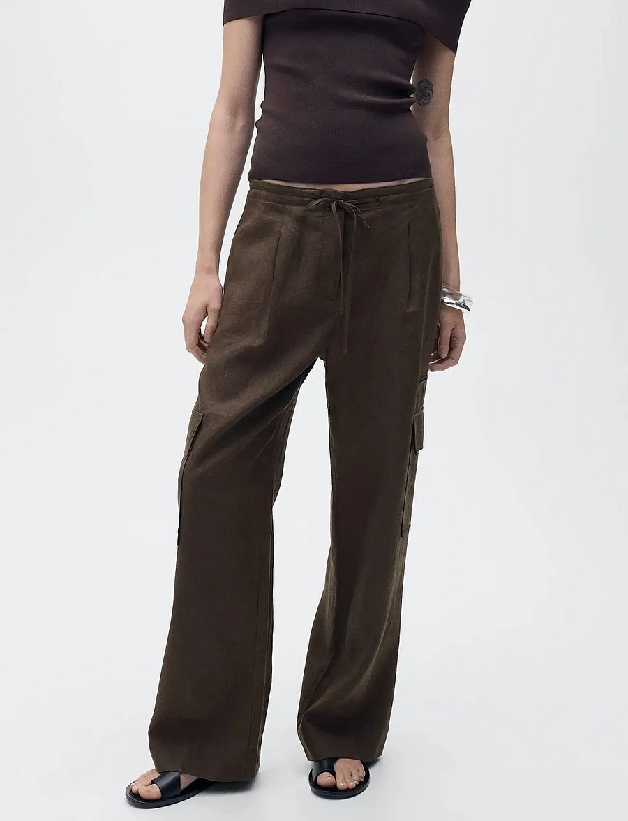 Mango - Linen cargo trousers - hørbukser - brown - 0