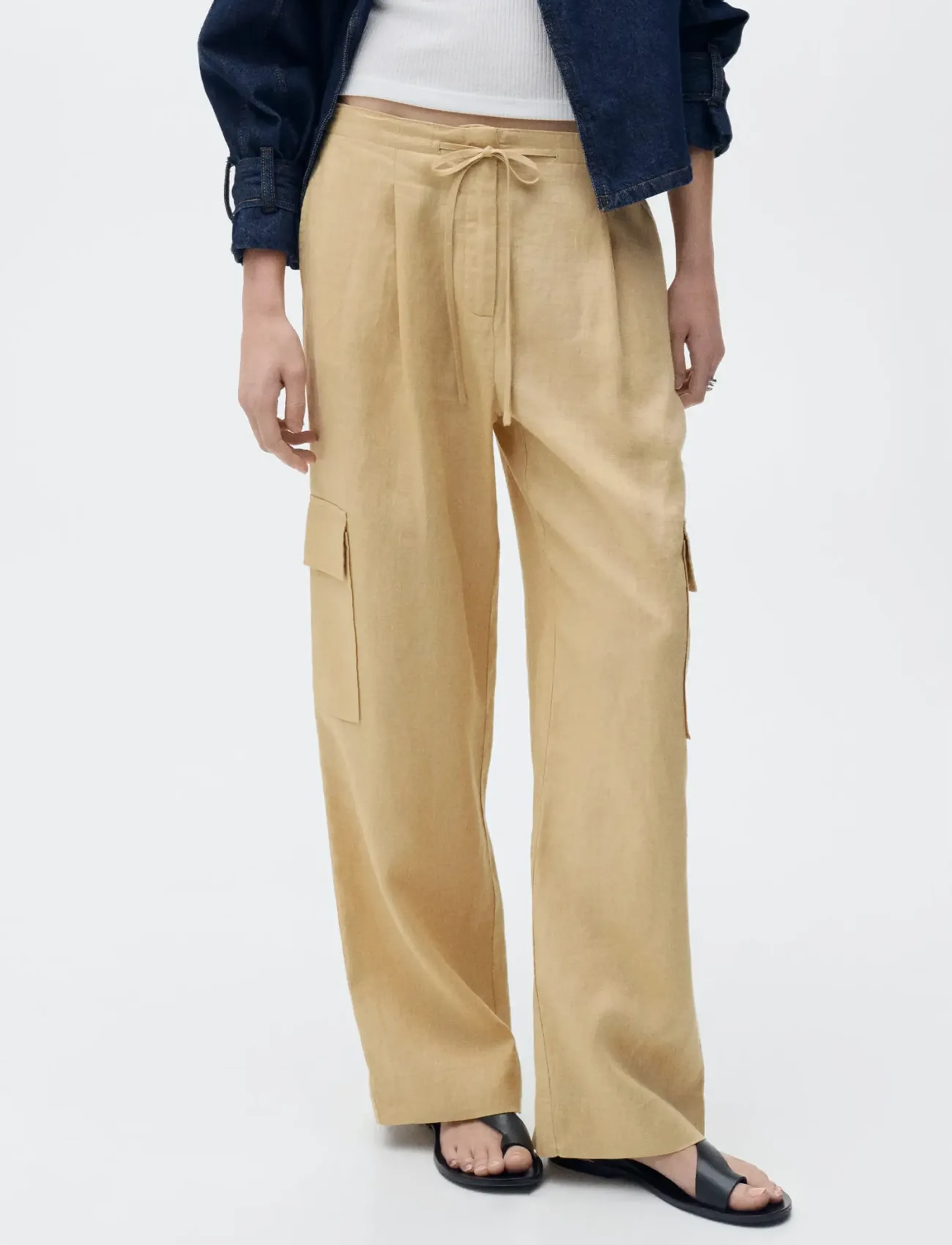 Mango Linen cargo trousers - Transitional Layering - MEDIUM YELLOW / beige