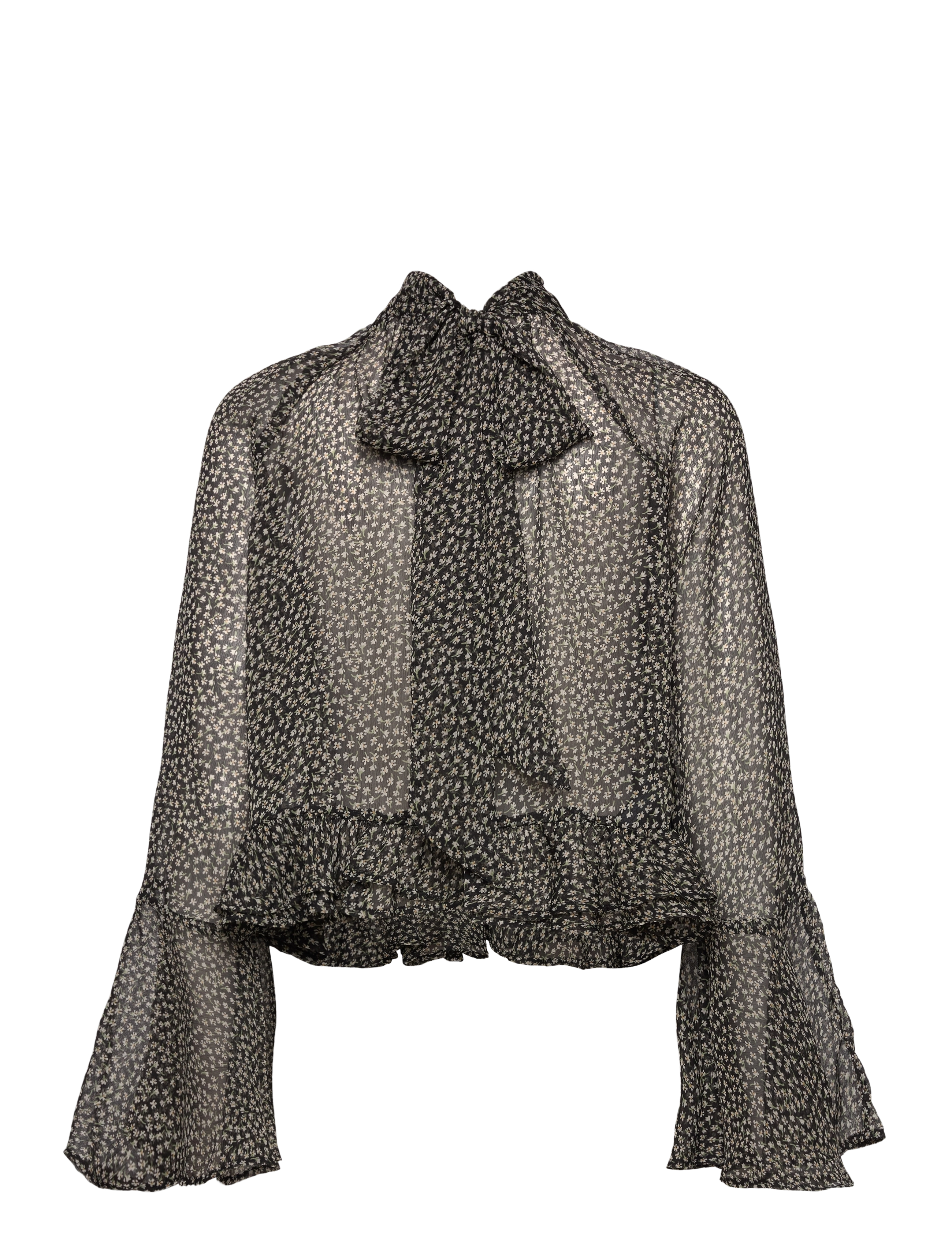 Mango - Floral-print blouse with ruffles - langärmlige blusen - black - 1