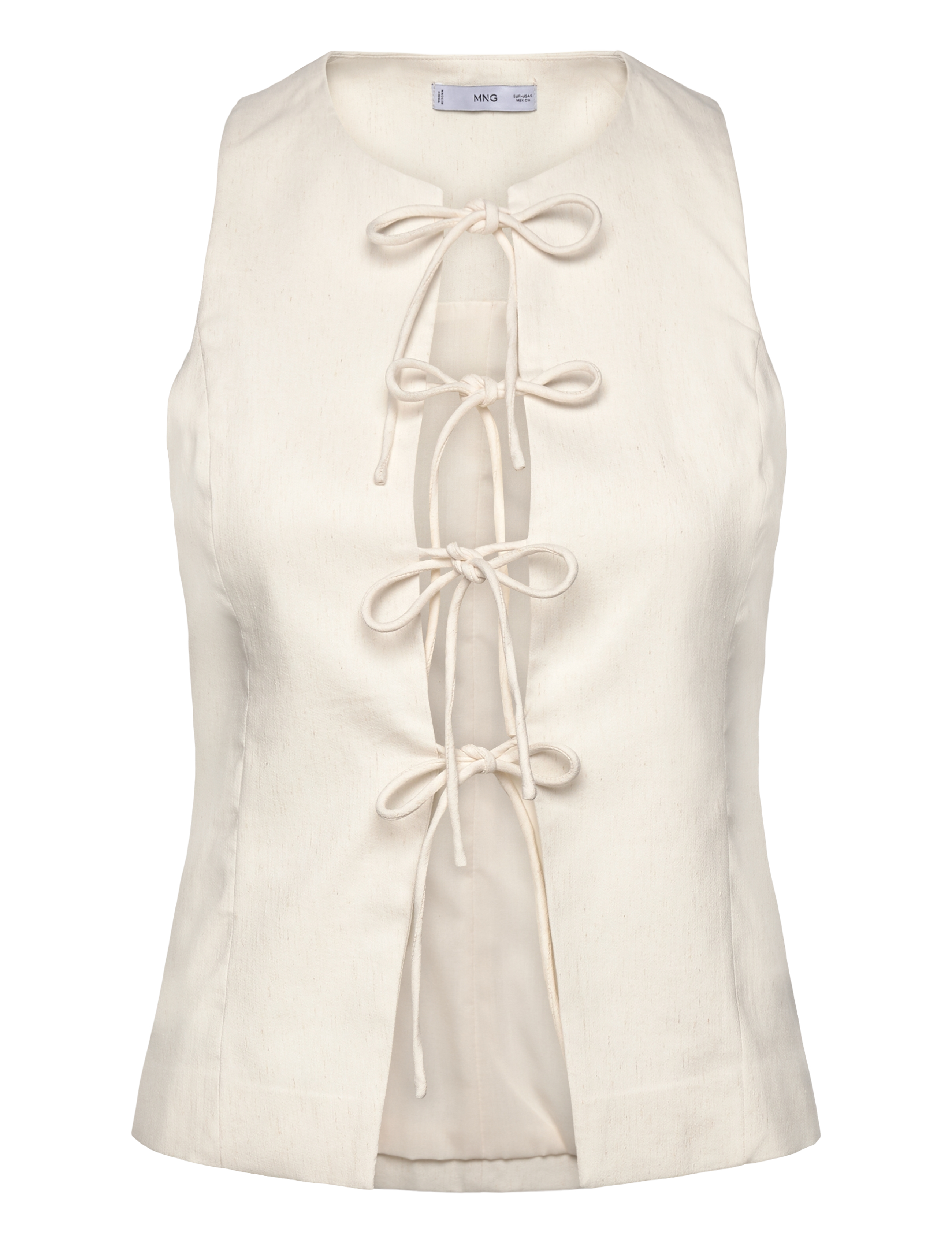 Mango Linen-blend top with bow - Bluser - LIGHT BEIGE / white