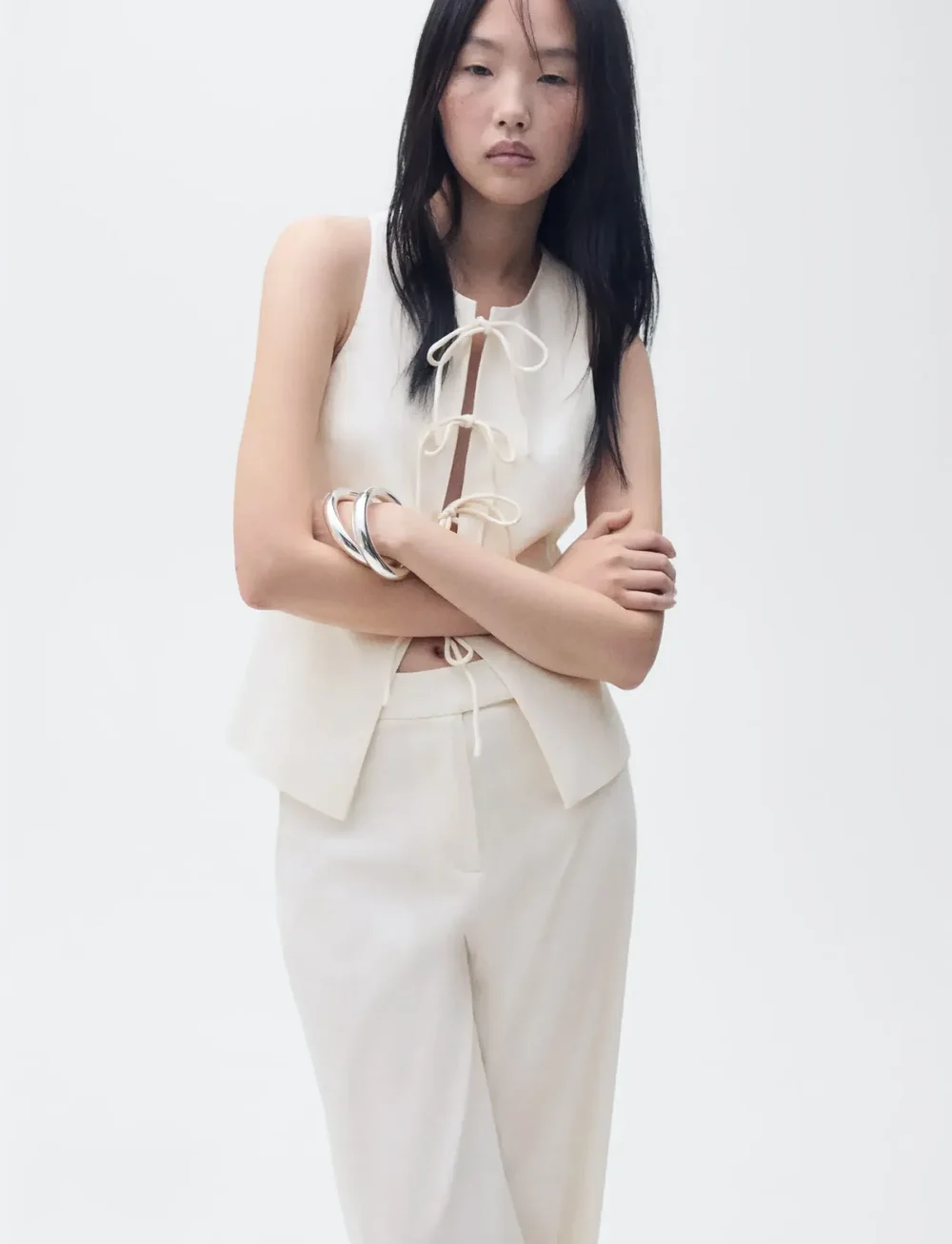 Mango - Linen-blend top with bow - Ärmlösa blusar - light beige - 0