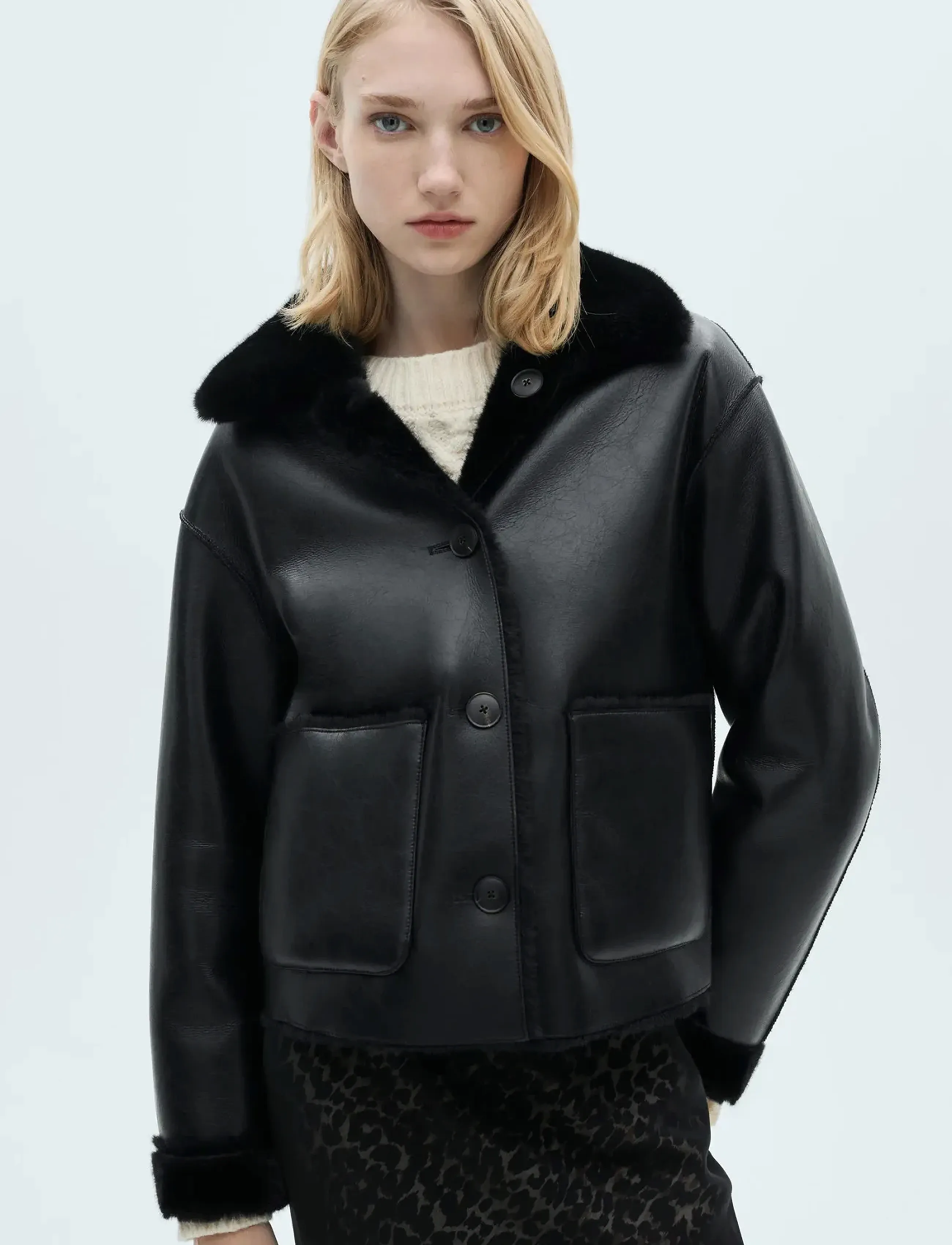 Mango Double-sided leather-effect jacket with pockets - Transitional Layering - BLACK / black