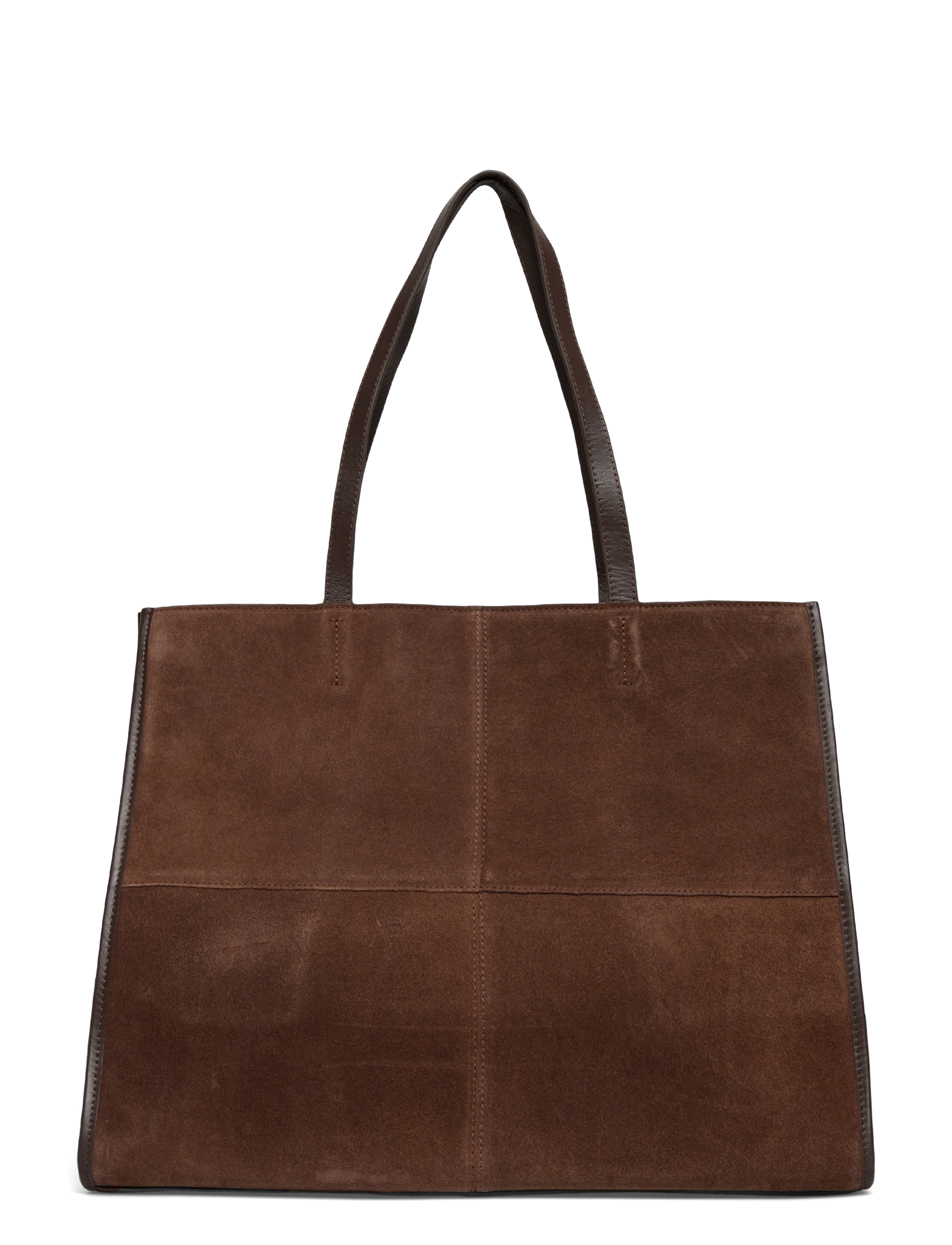 Leather shopper bag with stitching - DARK BROWN