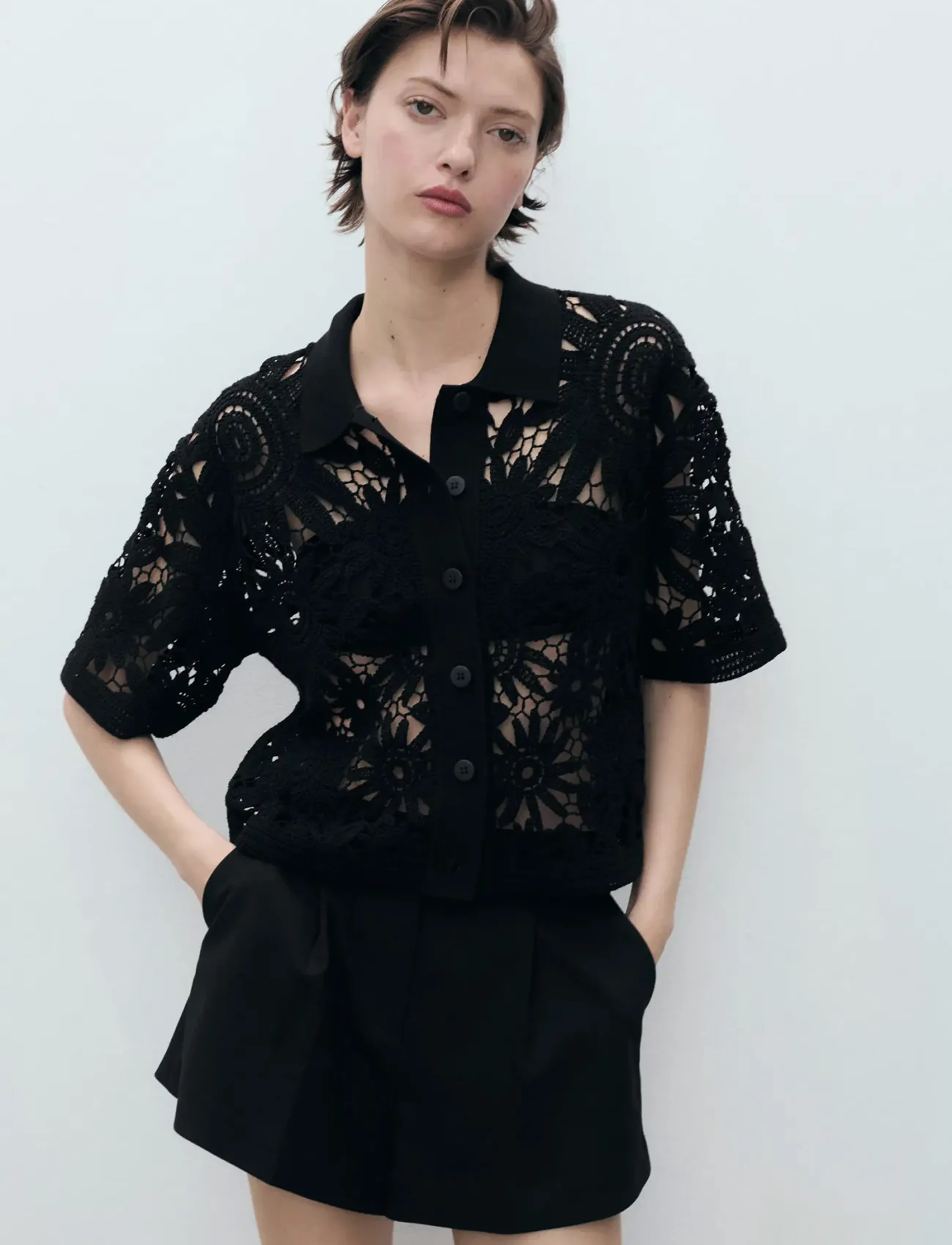 Mango Short-Sleeved Crochet Cardigan, Kvinder, Hæklet Kortærmet Cardigan, Sort, Str: S