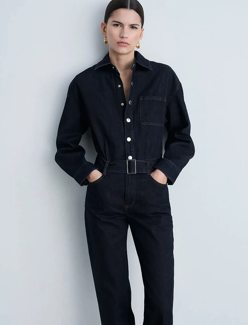 Mango - Rinse-wash denim jumpsuit with belt - jumpsuits - open blue - 0