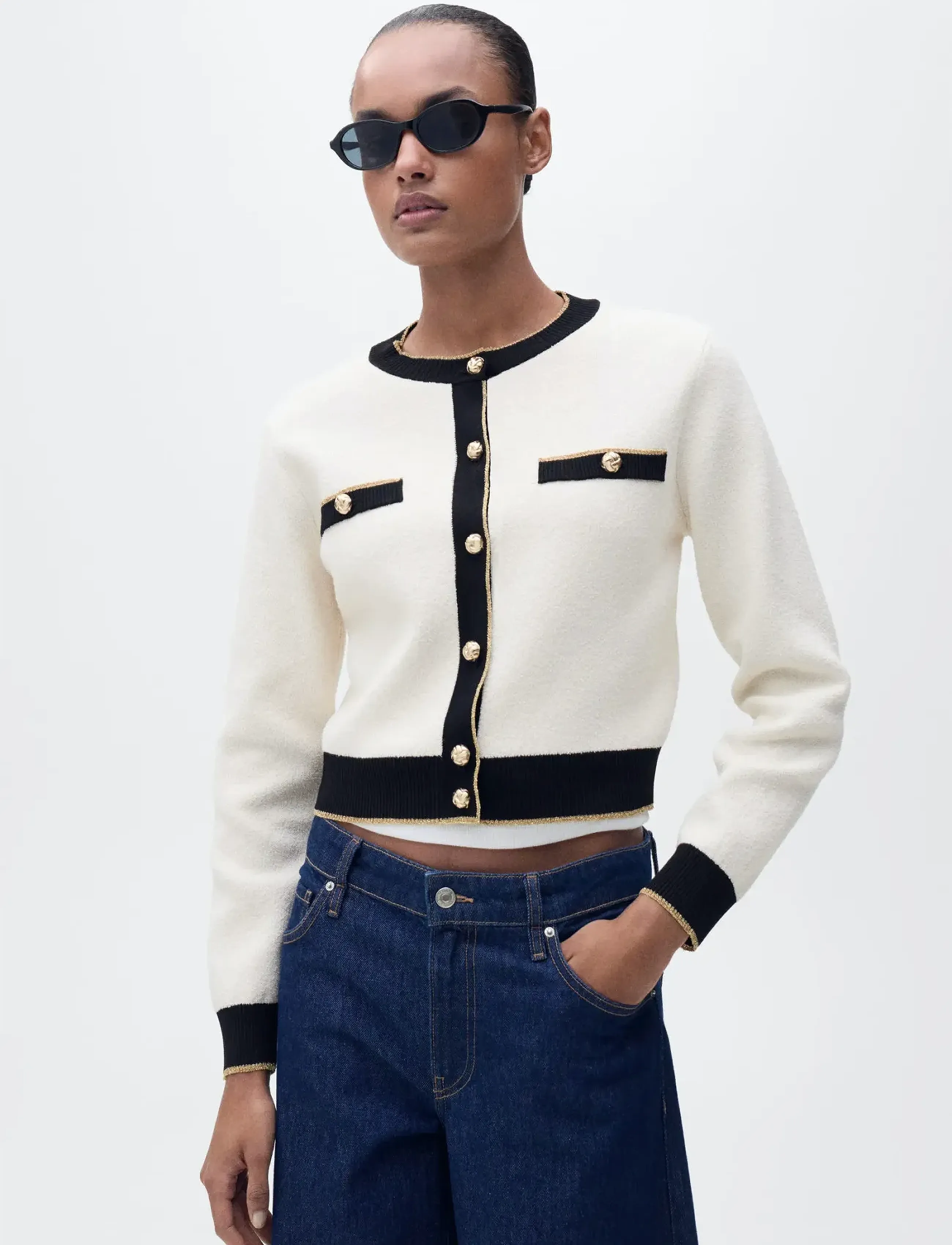 Mango Knitted cardigan with double trim - Stickat - LIGHT BEIGE / beige