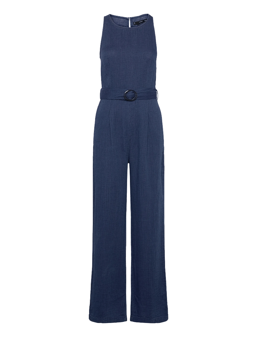 Mango - Flowy denim jumpsuit with belt - dark blue - 0