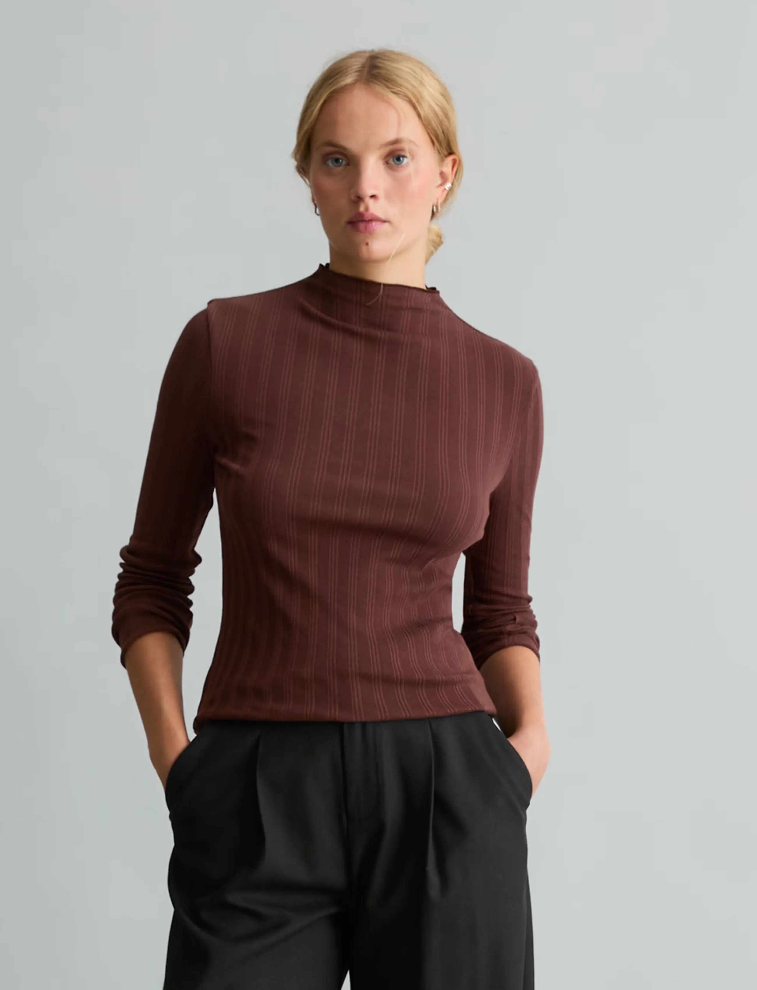 Marc O'Polo T-Shirt, LSL, Turtleneck, Ruffles - Marc O'Polo - ESPRESSO BROWN / brown