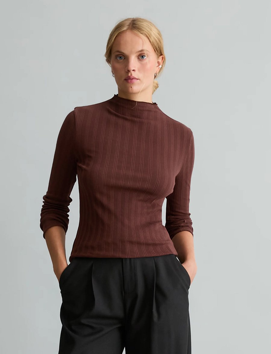 Marc O'Polo - T-Shirt, LSL, Turtleneck, Ruffles - long-sleeved tops - espresso brown - 0