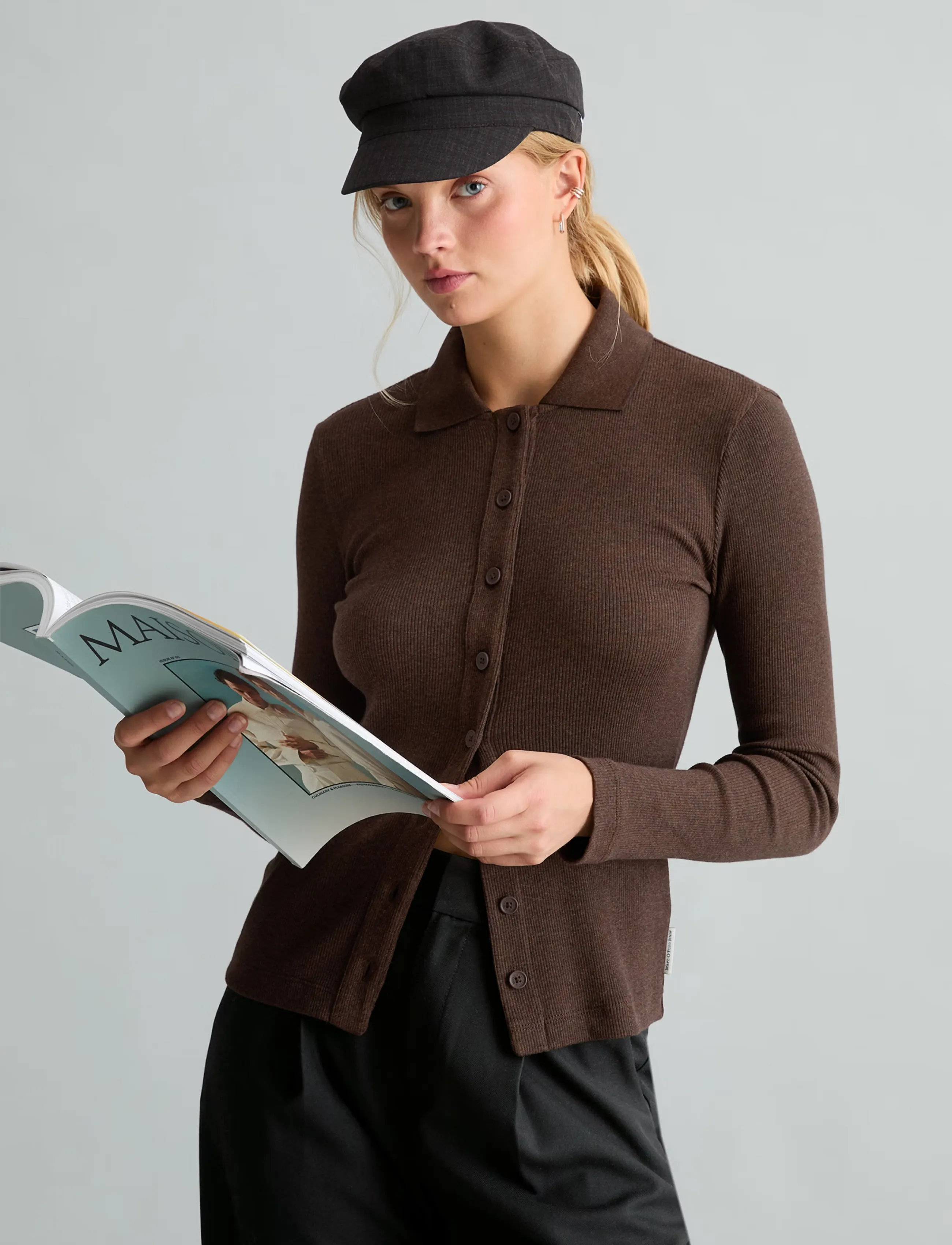 Jersey Blouse, Lsl, Polo Collar, Rib
