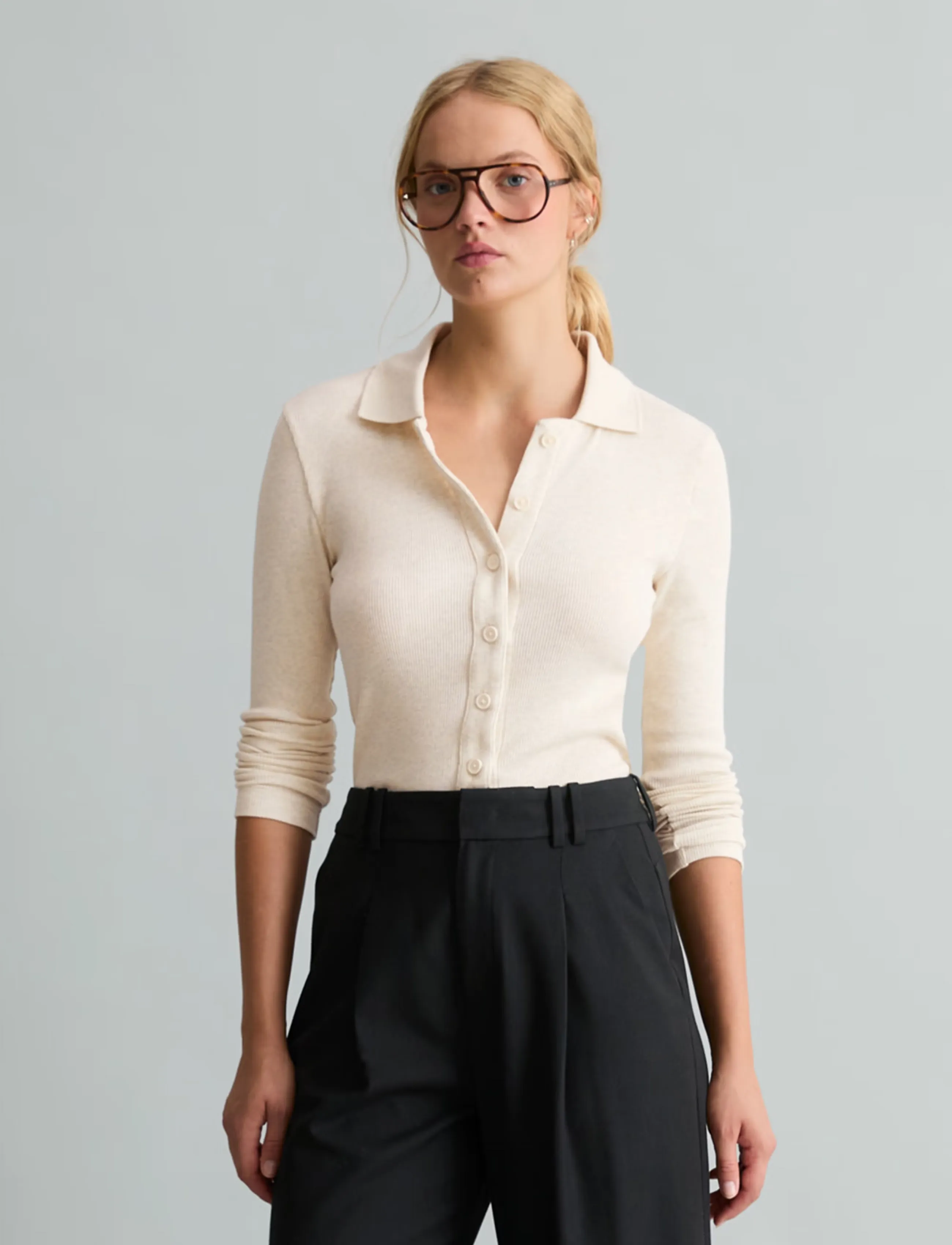 Marc O'Polo Jersey Blouse, LSL, Polo Collar, Rib - Marc O'Polo - WHITE BLUSH / cream