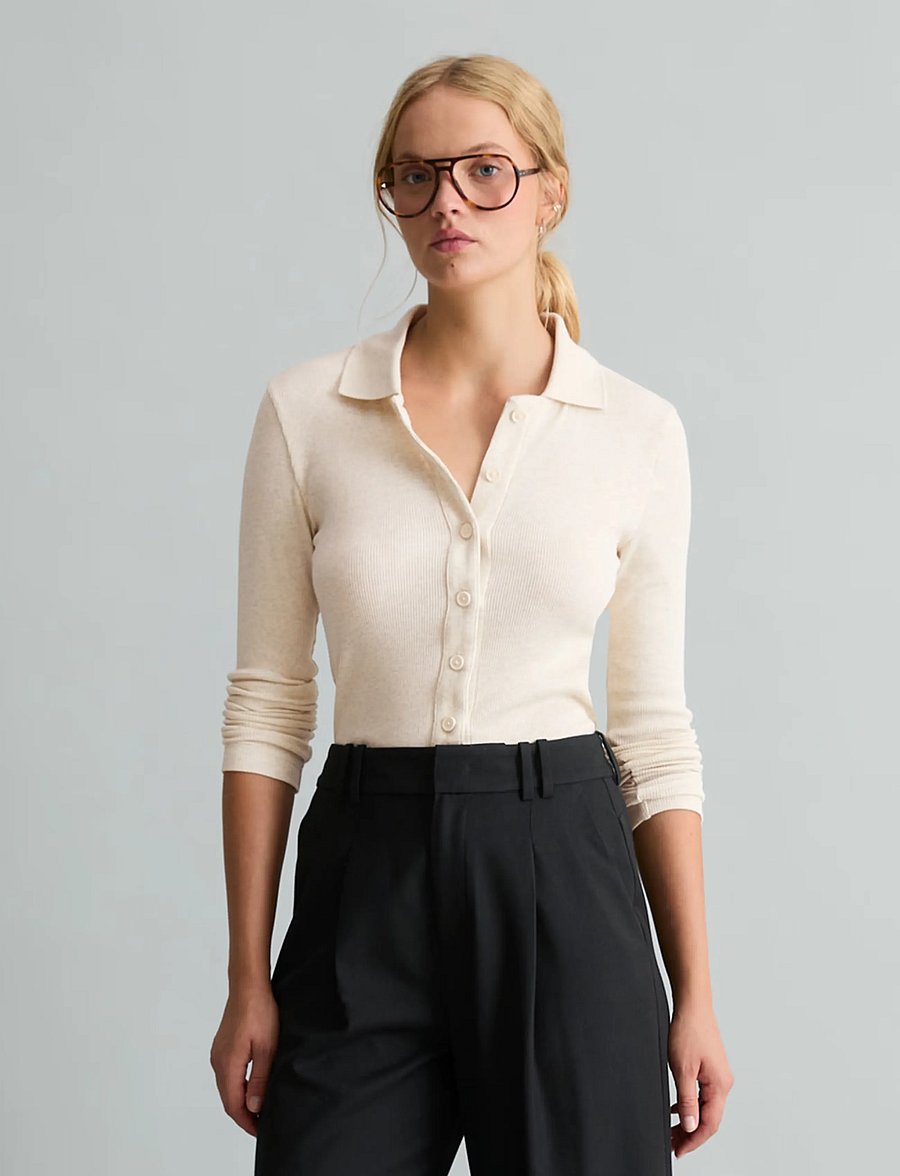 Marc O'Polo - Jersey Blouse, LSL, Polo Collar, Rib - long sleeved blouses - white blush - 0