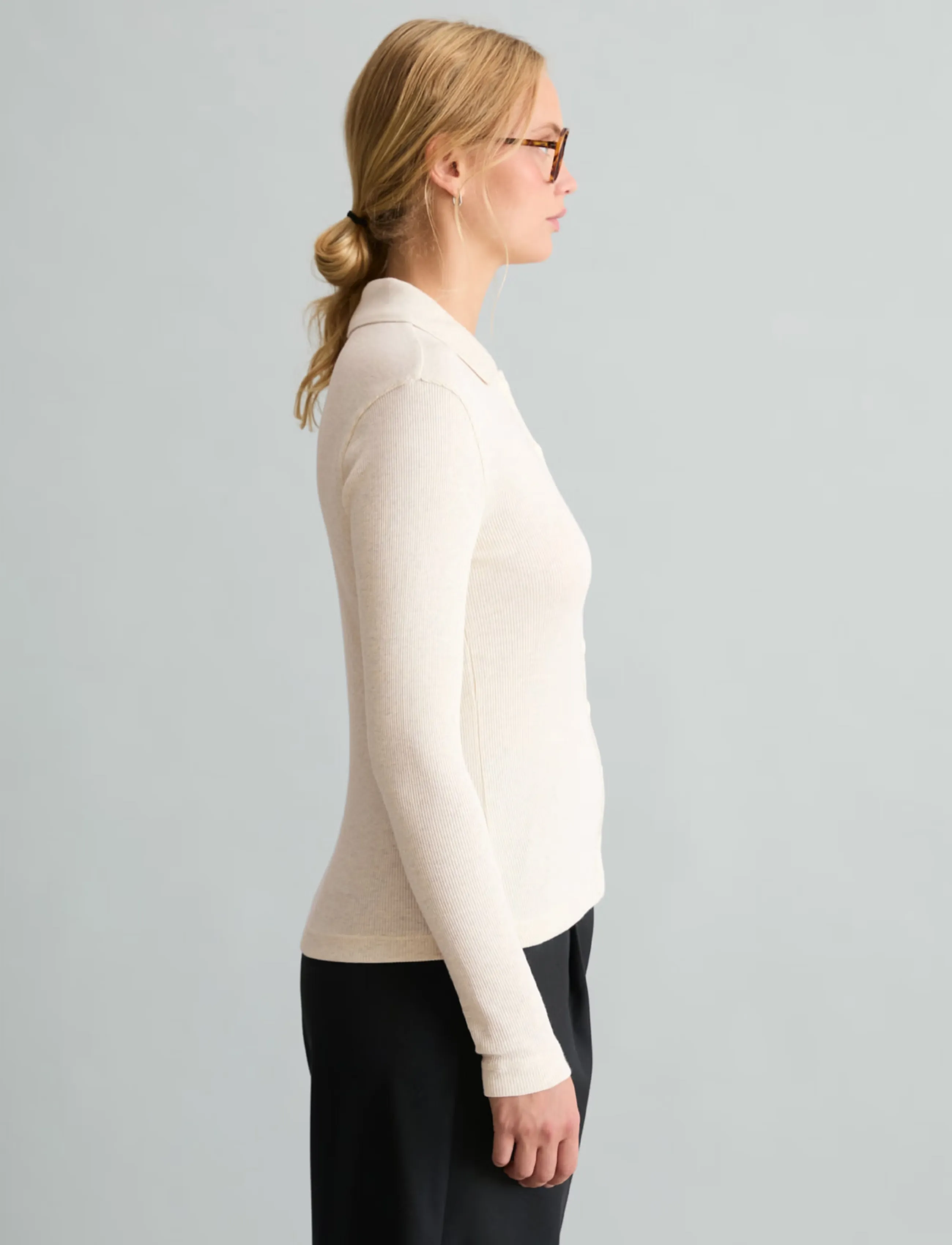 Marc O'Polo - Jersey Blouse, LSL, Polo Collar, Rib - long sleeved blouses - white blush - 4
