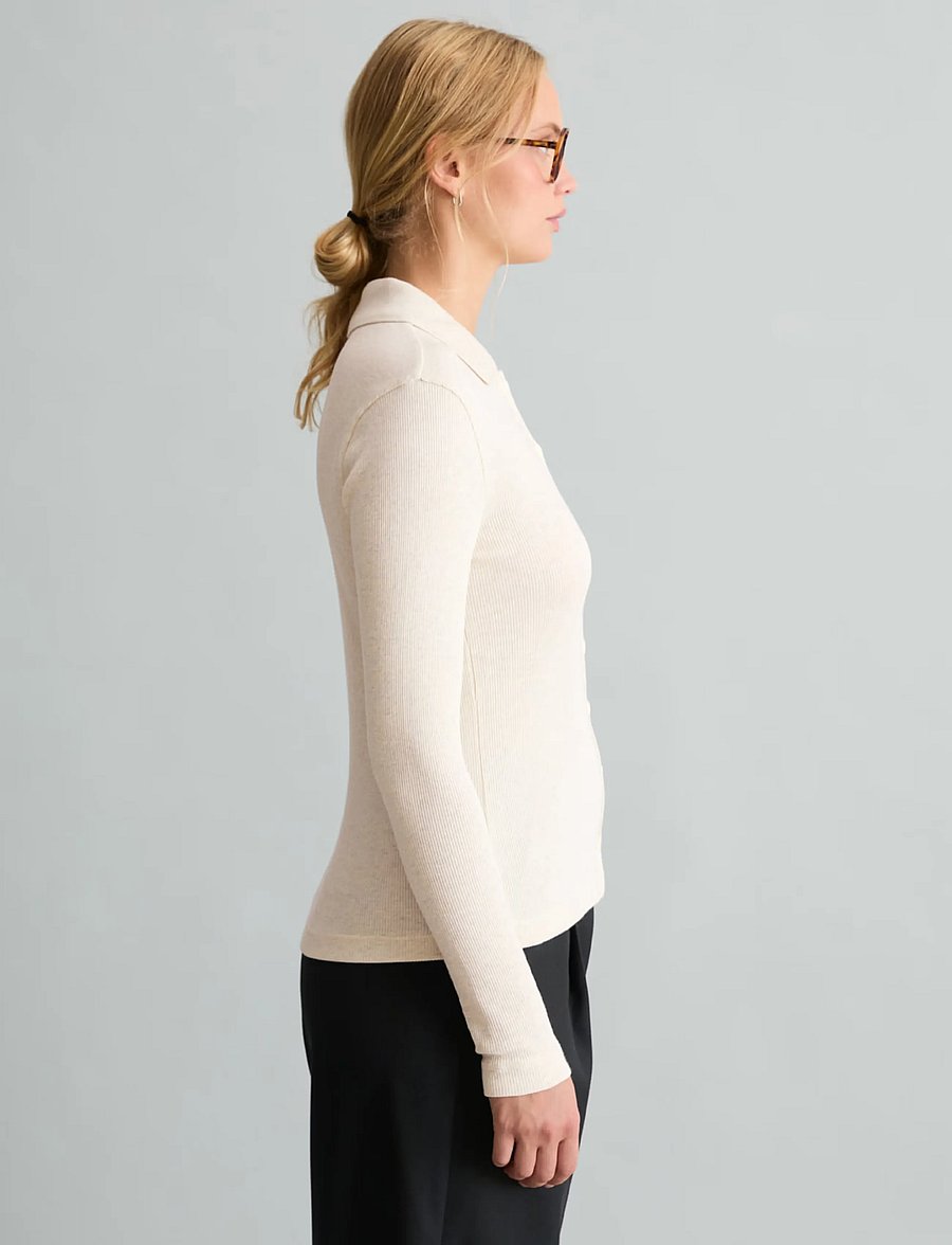 Marc O'Polo - Jersey Blouse, LSL, Polo Collar, Rib - long sleeved blouses - white blush - 4