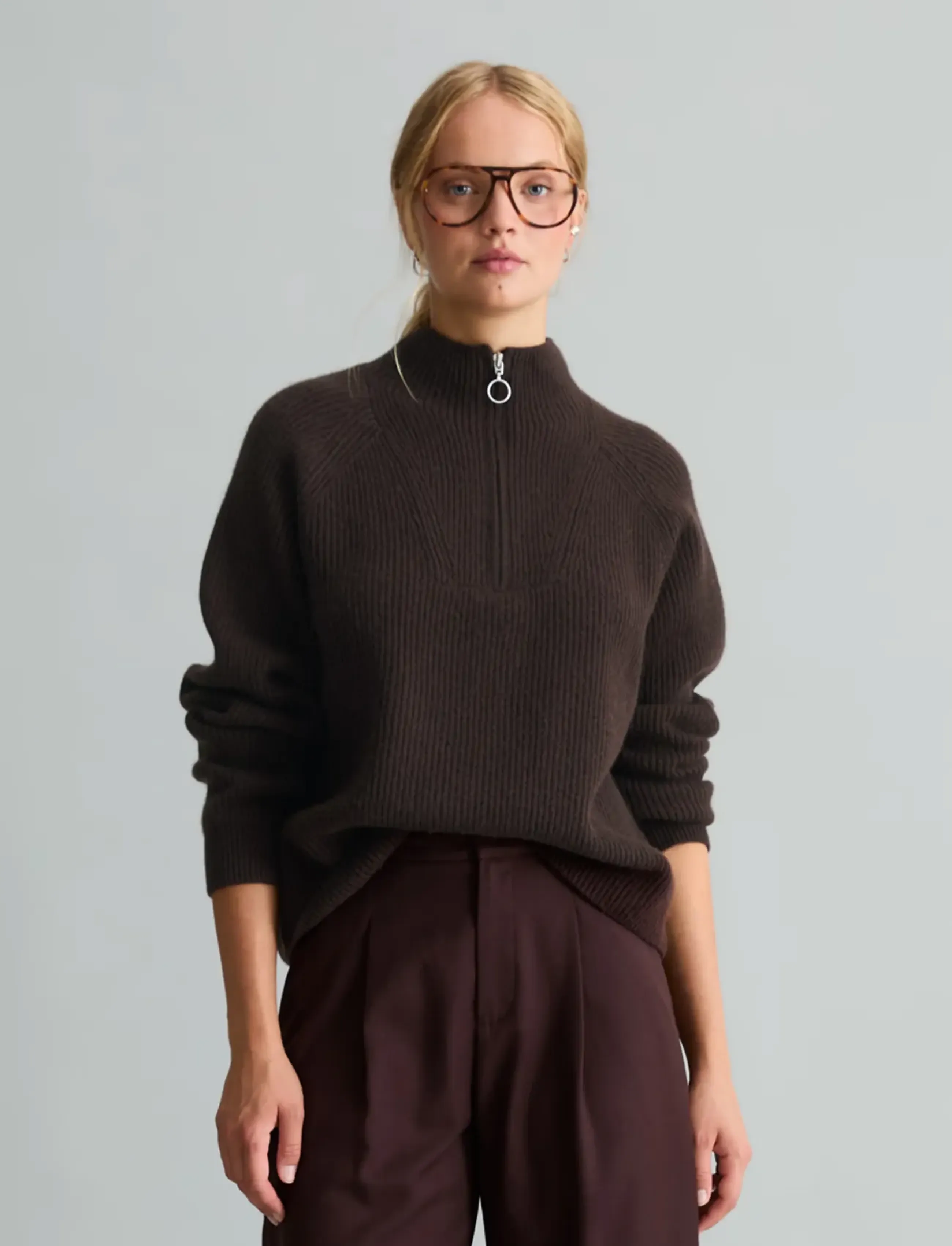 Marc O'Polo - Knit pullover, Longsleeve, Troyer,Zipper - stickade tröjor - espresso brown - 0
